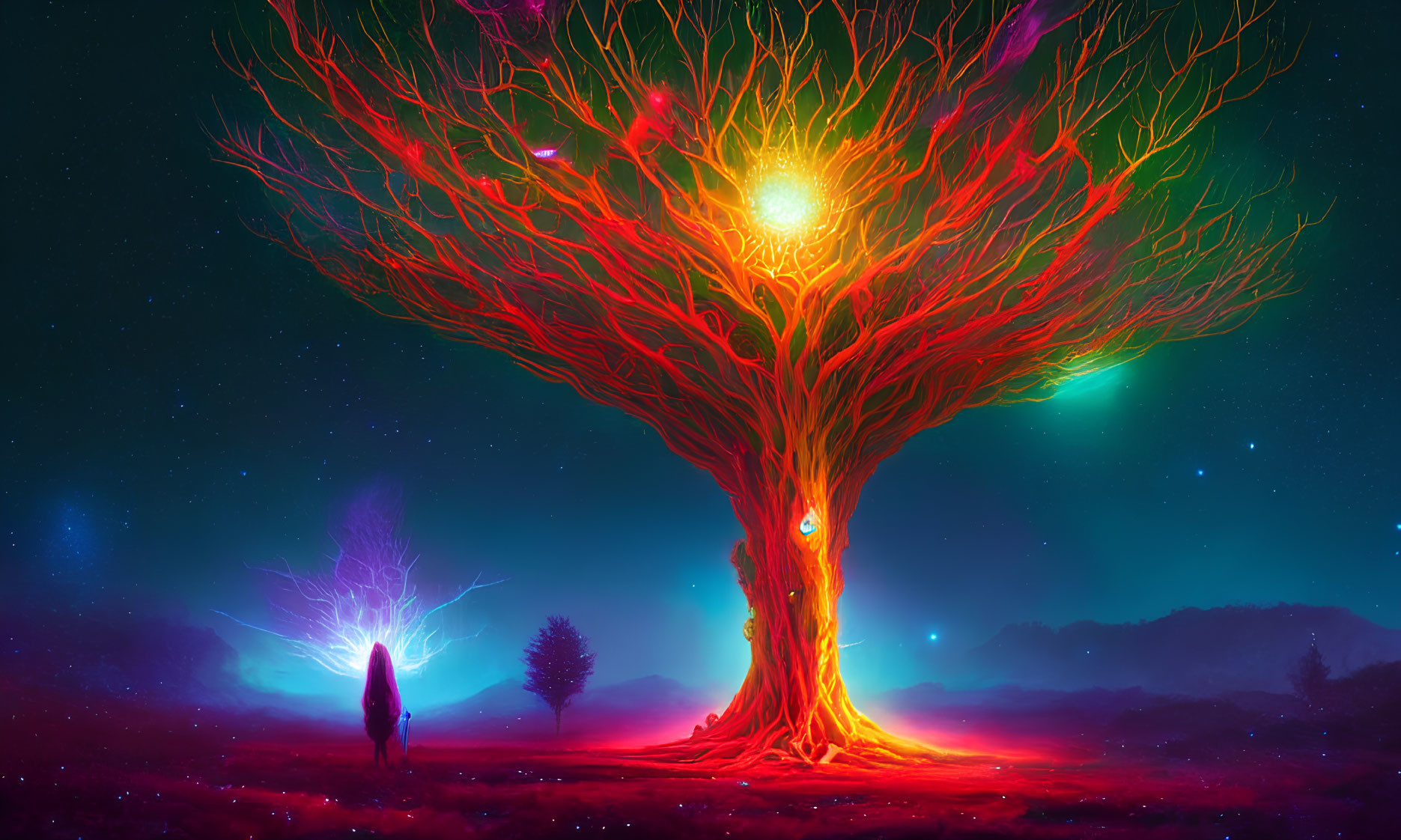 Mystical tree in dreamlike landscape with glowing branches