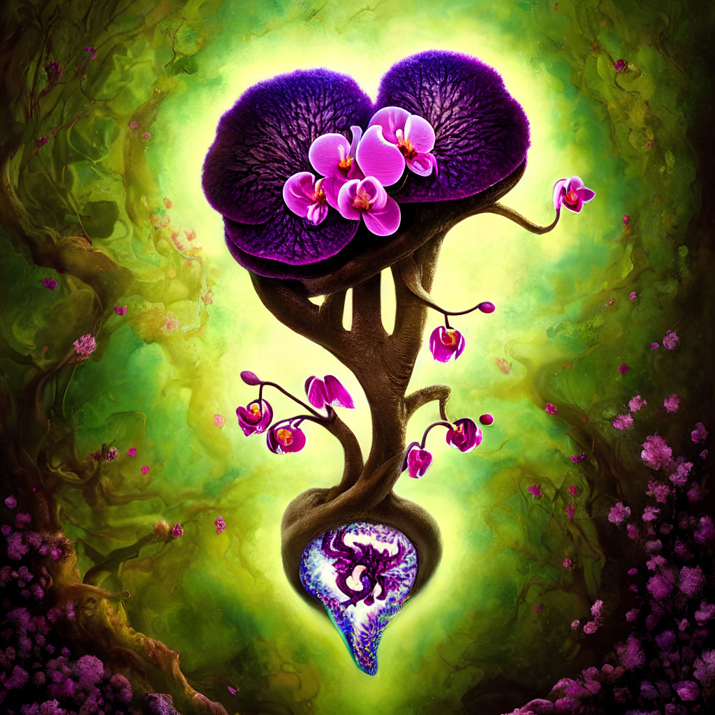 Fantastical tree with purple leaves and orchids on heart-shaped base against mystical green background