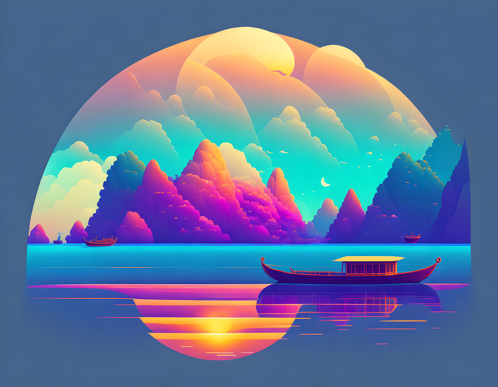 Colorful digital artwork: Serene lake, boat, fantastical mountains & clouds in dreamy sunset