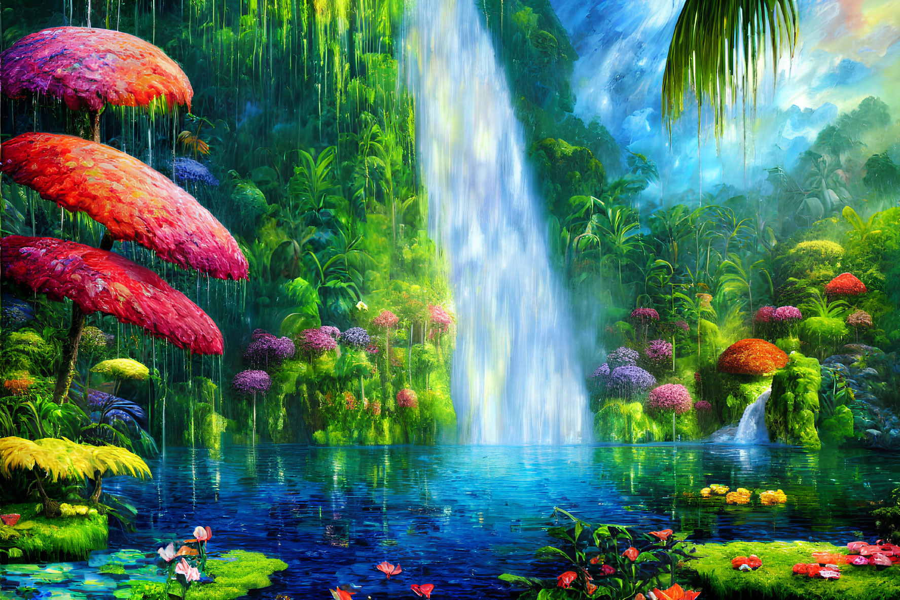 Colorful waterfall scene with mushroom-like trees and lilies pond