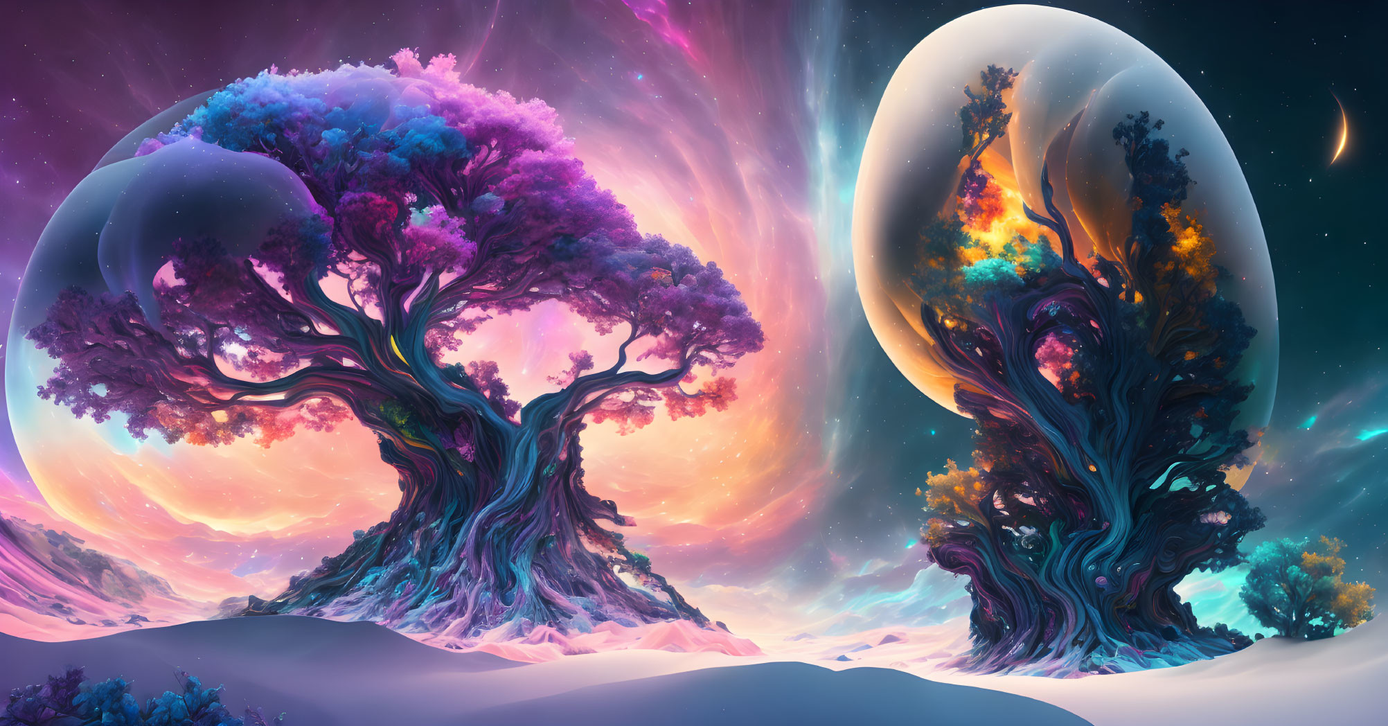 Colorful digital artwork: Two fantastical trees under moons and nebulas