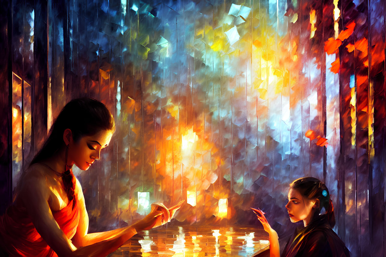 Vibrant mystical forest with two women and floating lanterns