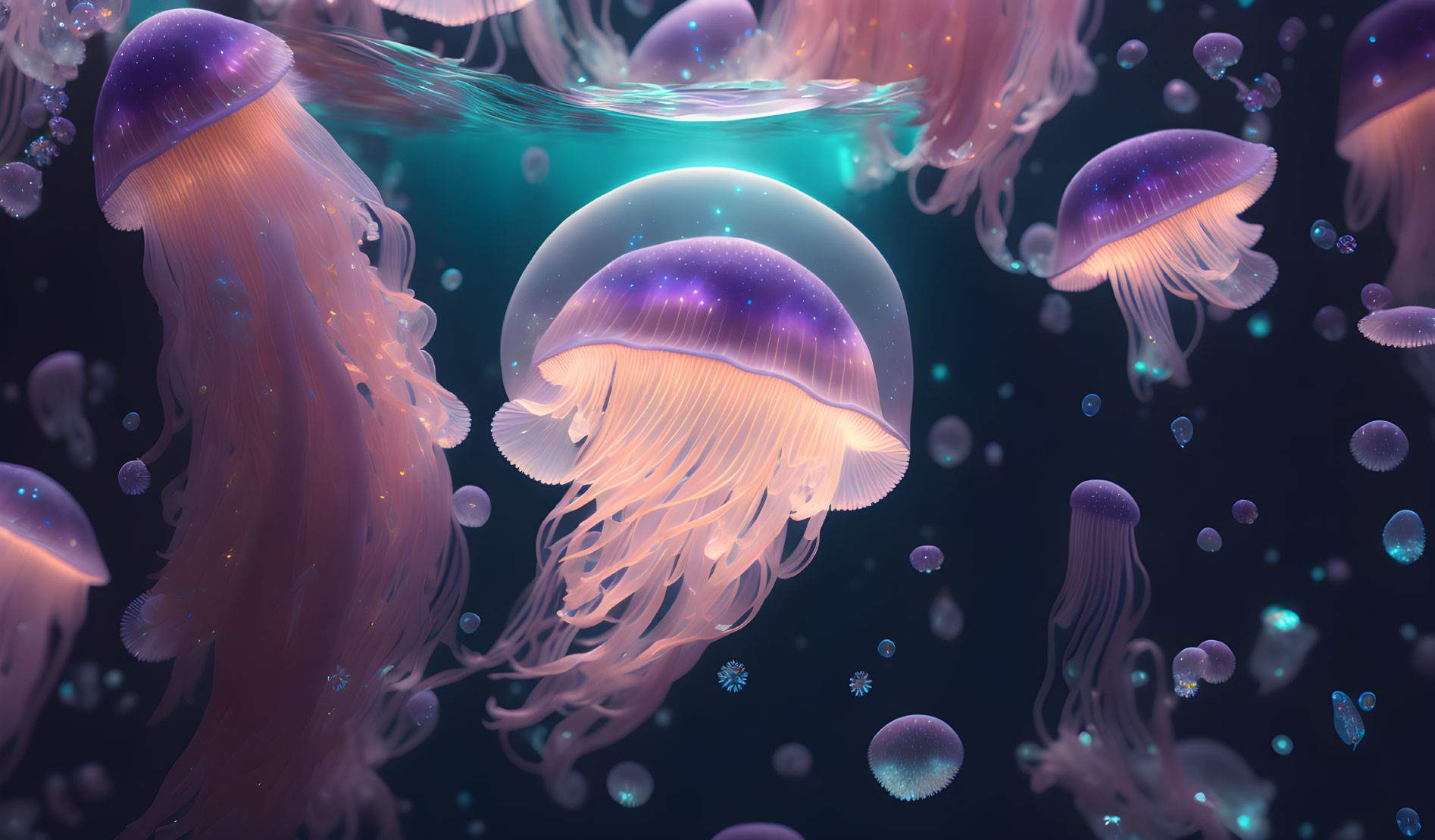 Bioluminescent jellyfish with radiant tentacles in underwater marine scene