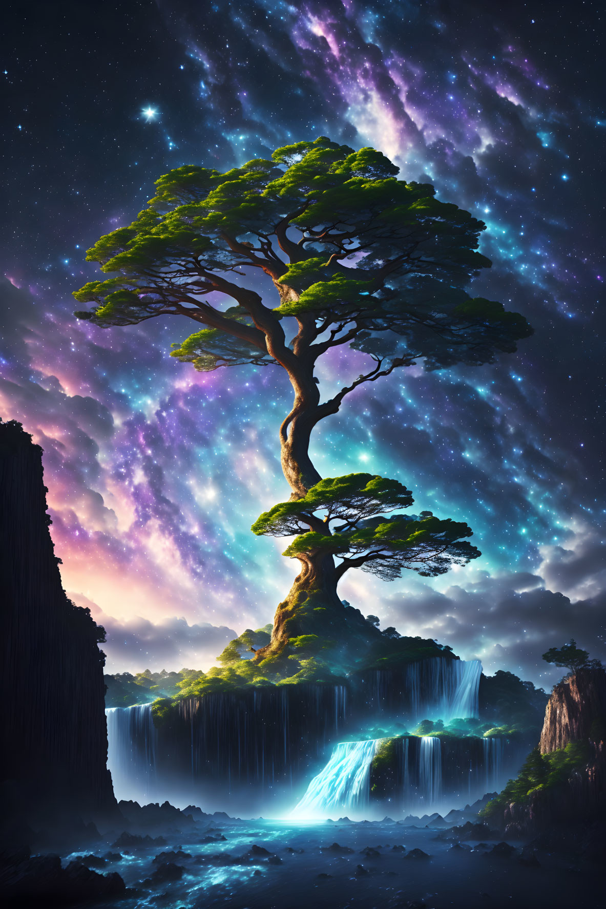 Majestic tree on waterfall under starry night sky