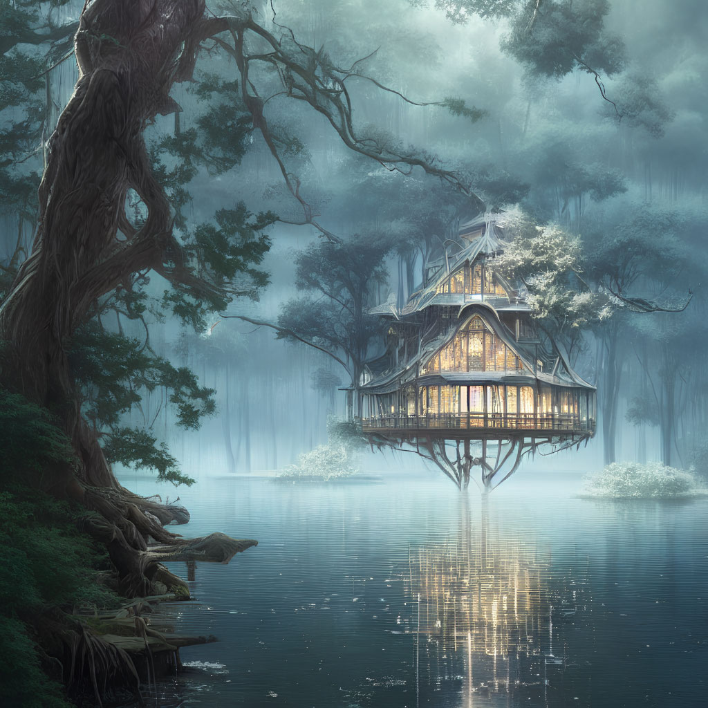 Ethereal treehouse in misty forest reflected on serene lake