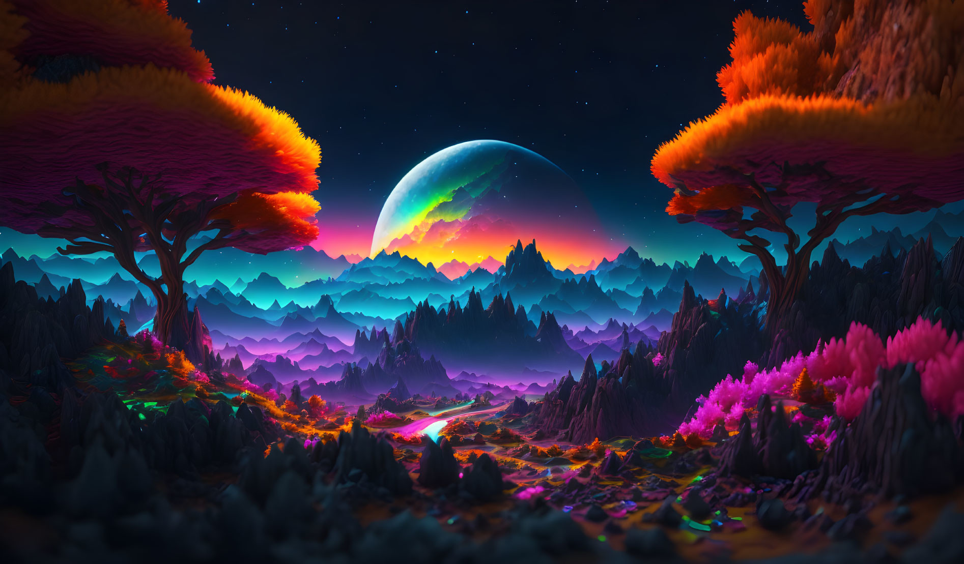 Fantasy landscape with towering trees, purple mountains, glowing river