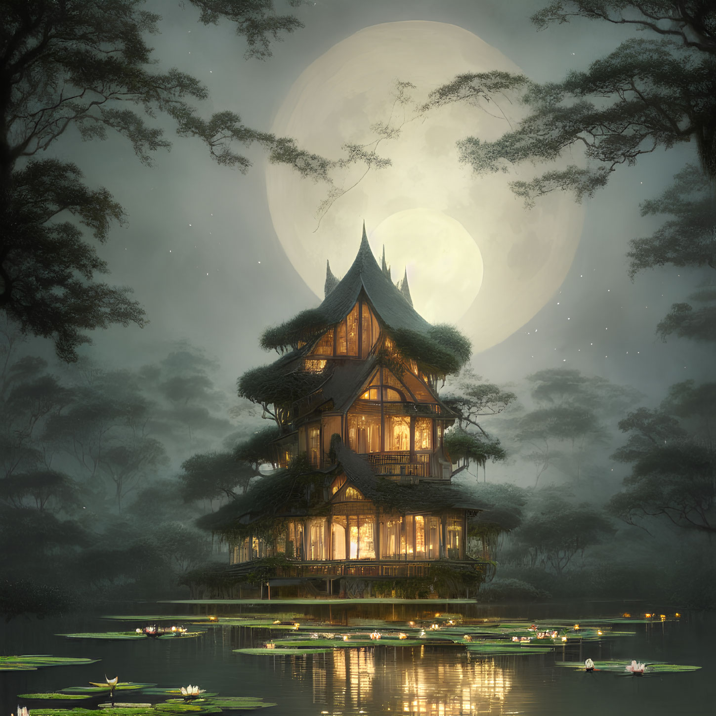 Tranquil lake with illuminated pagoda under full moon