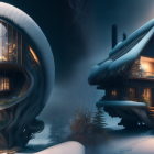 Snowy Twilight Scene: Whimsical Glowing Treehouses in Winter Landscape