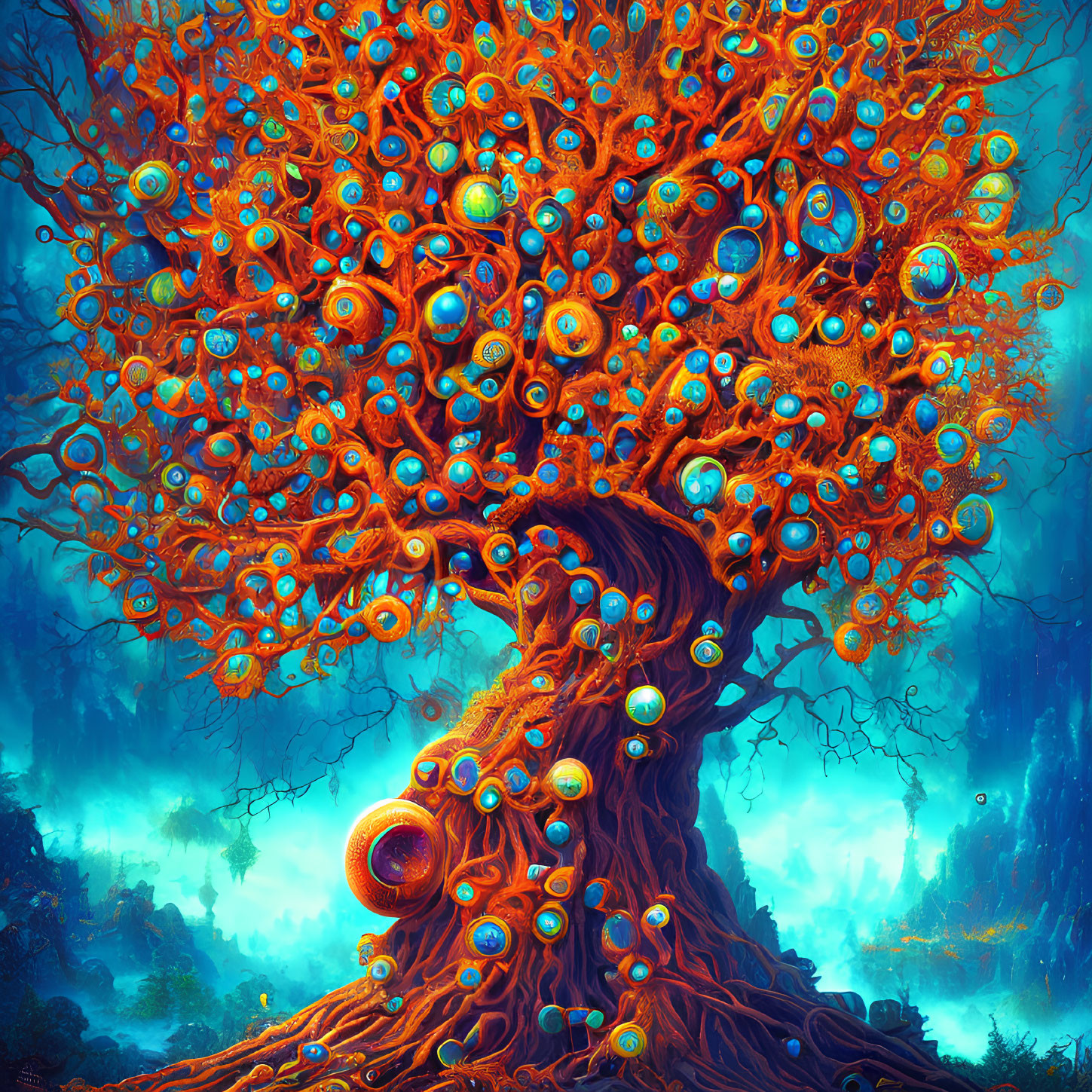 Colorful swirling orange tree with iridescent bubbles in mystical forest.