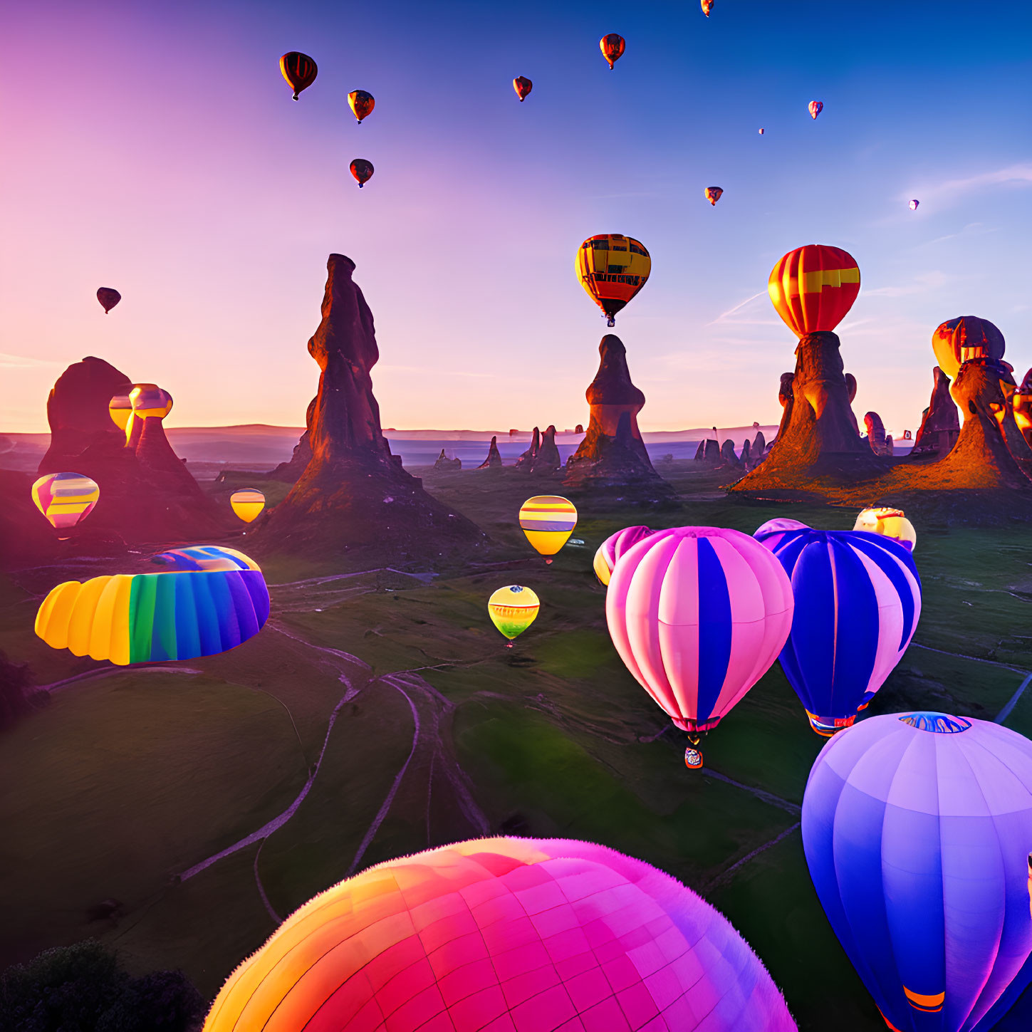 Vibrant Sunrise Landscape with Colorful Hot Air Balloons