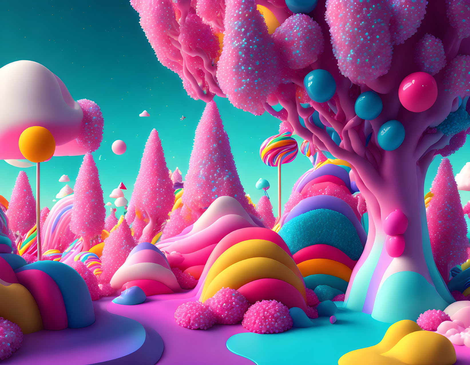 Colorful fantasy landscape with candy-like trees and whimsical structures