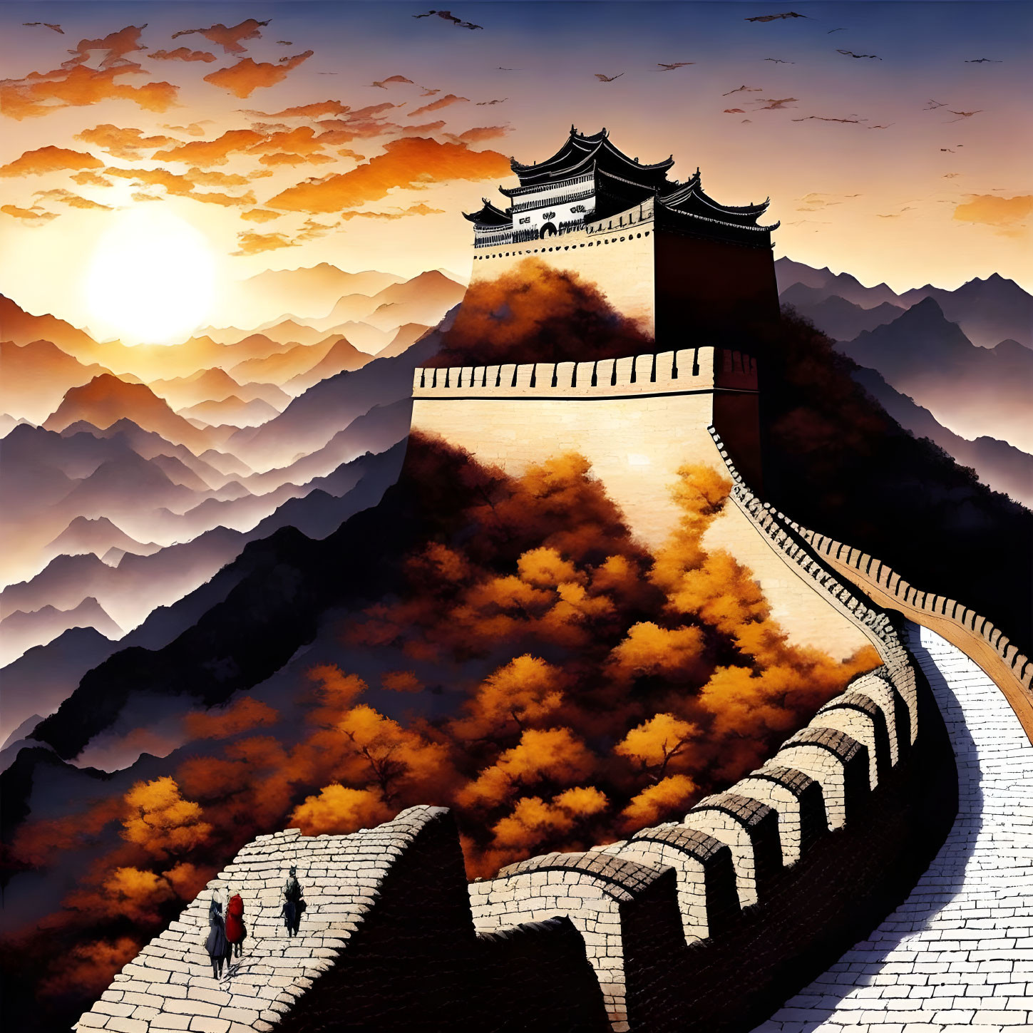 Scenic Great Wall of China sunset with autumn mountains and two people walking