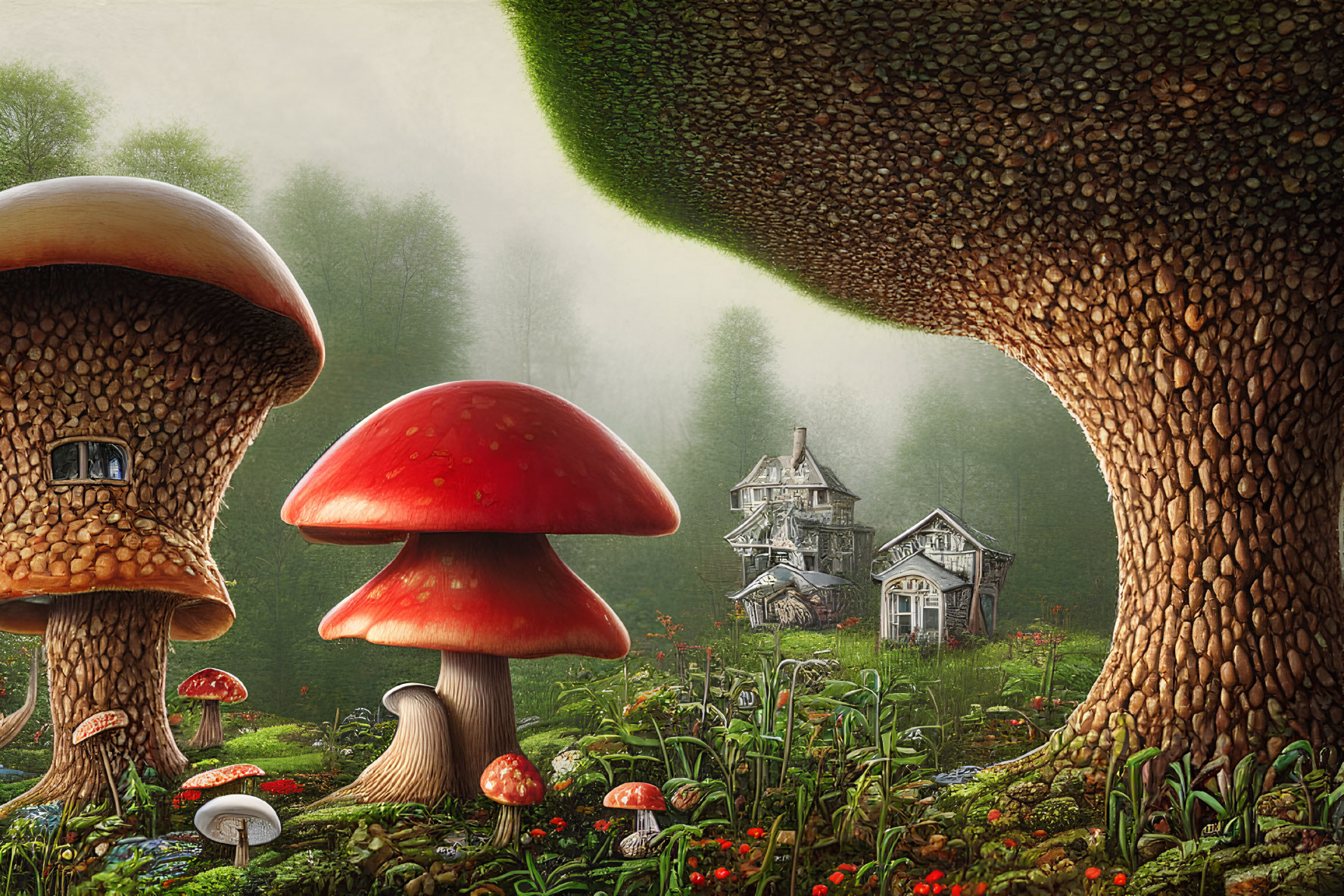 Enchanting forest scene with giant mushrooms and rustic wooden house