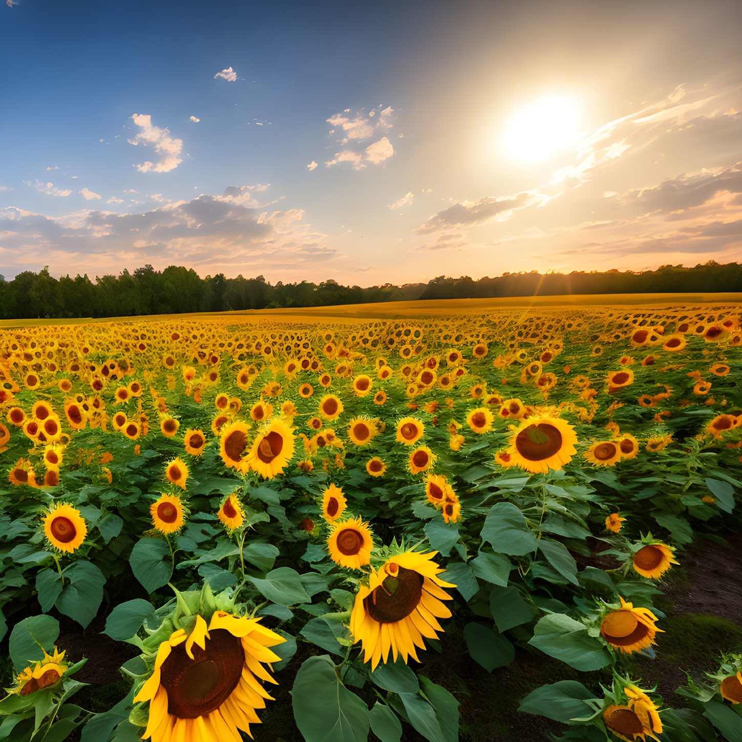 Sunflower field at sunset with sunbeams piercing clouds