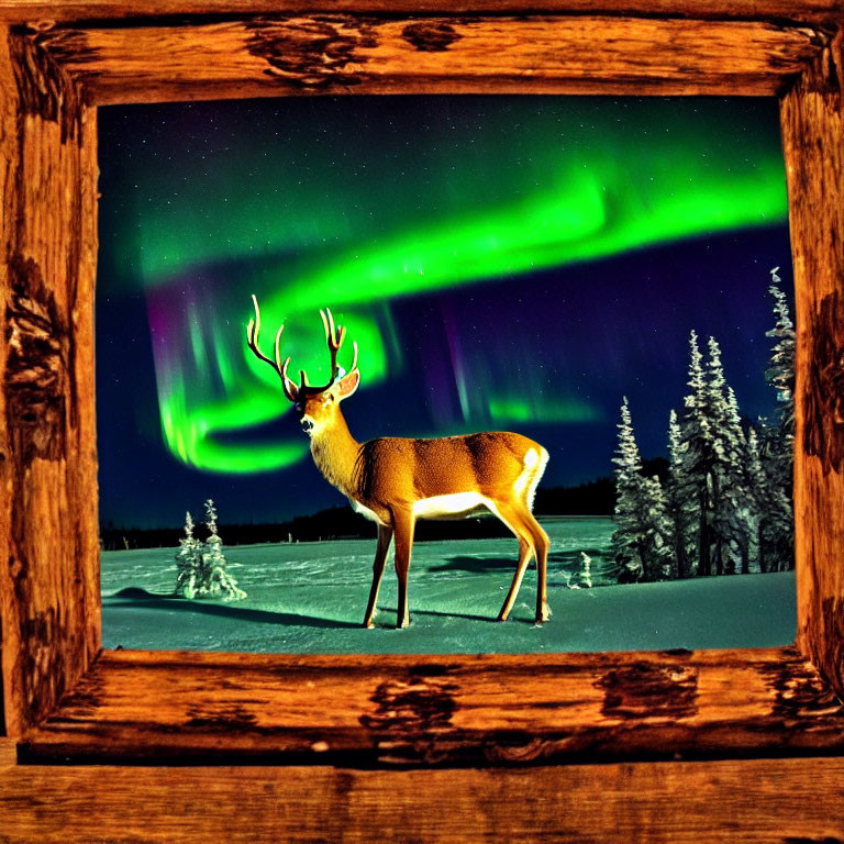 Snow-covered nighttime landscape with deer and northern lights.