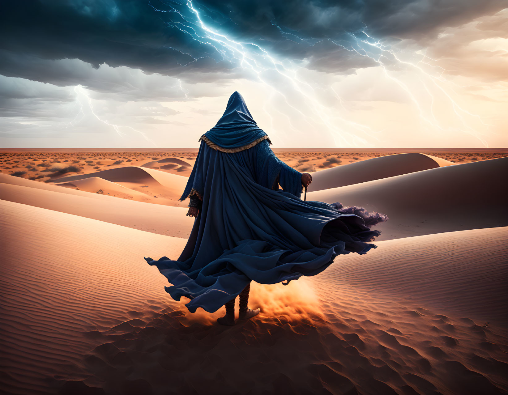 Cloaked figure on desert dune faces dramatic lightning storm