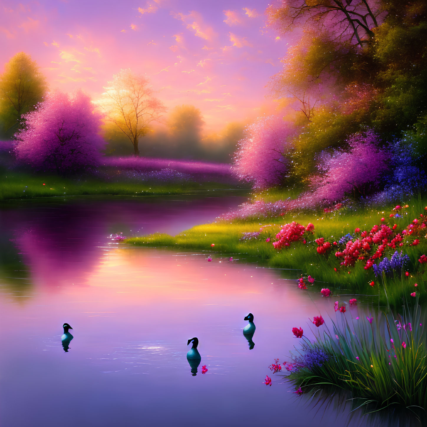 Tranquil twilight landscape: purple and pink trees, calm lake, ducks, colorful flowers