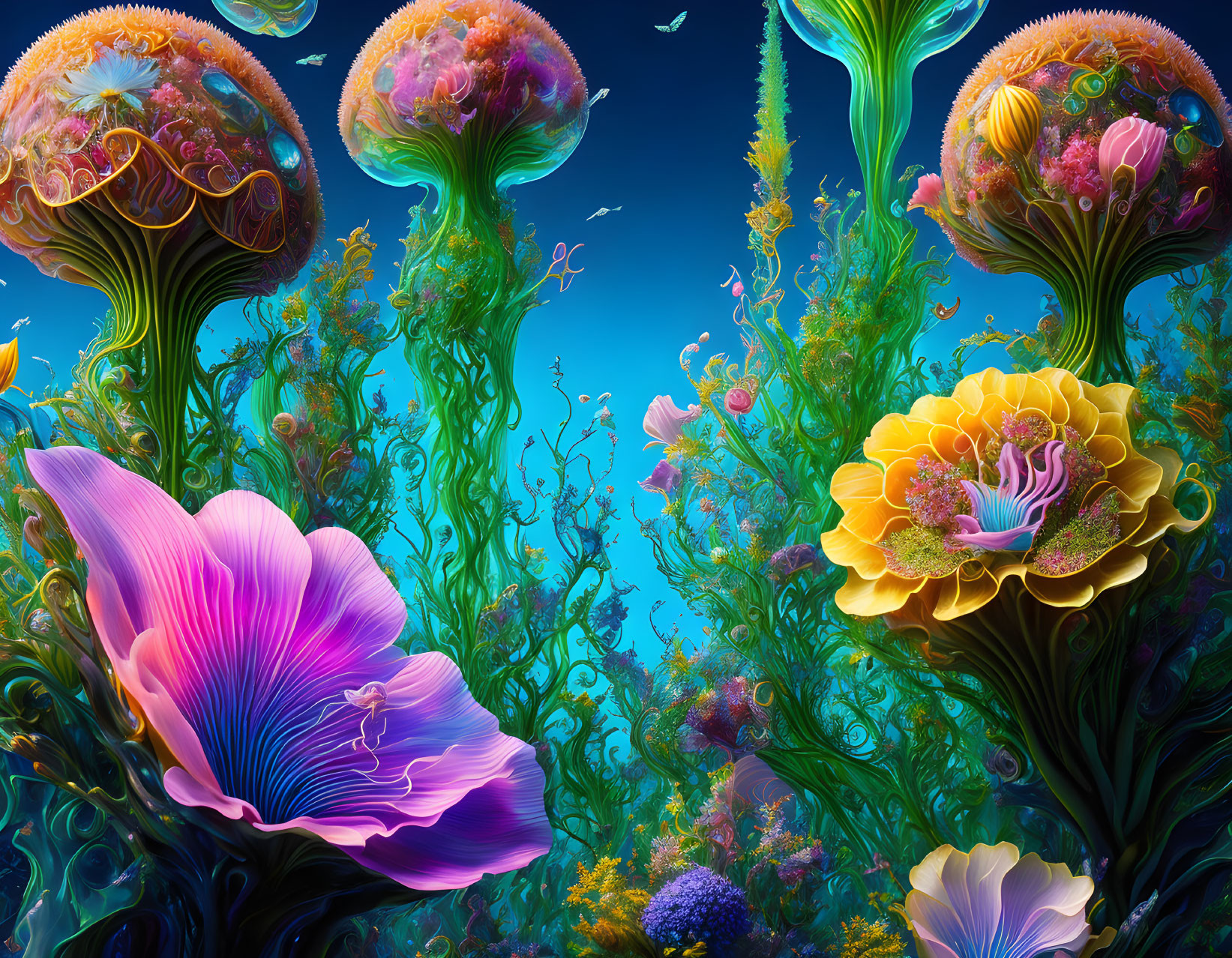 Colorful Underwater Floral Scene with Jellyfish-Like Structures