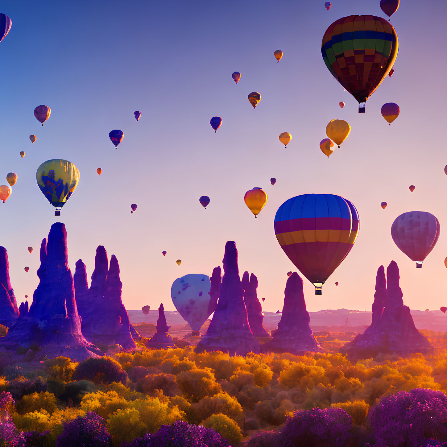 Colorful Hot Air Balloons Ascend over Unique Rock Formations