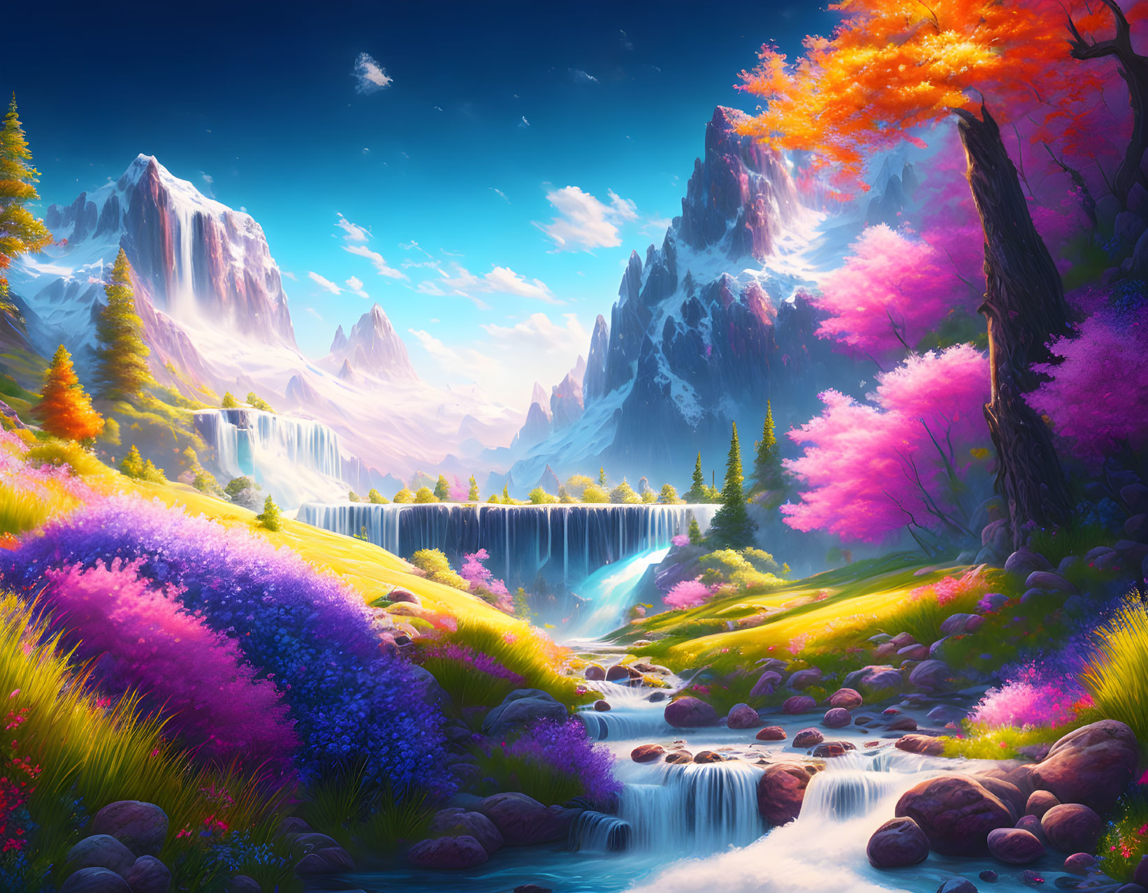 Colorful Fantasy Landscape with Waterfalls, River, and Mountains