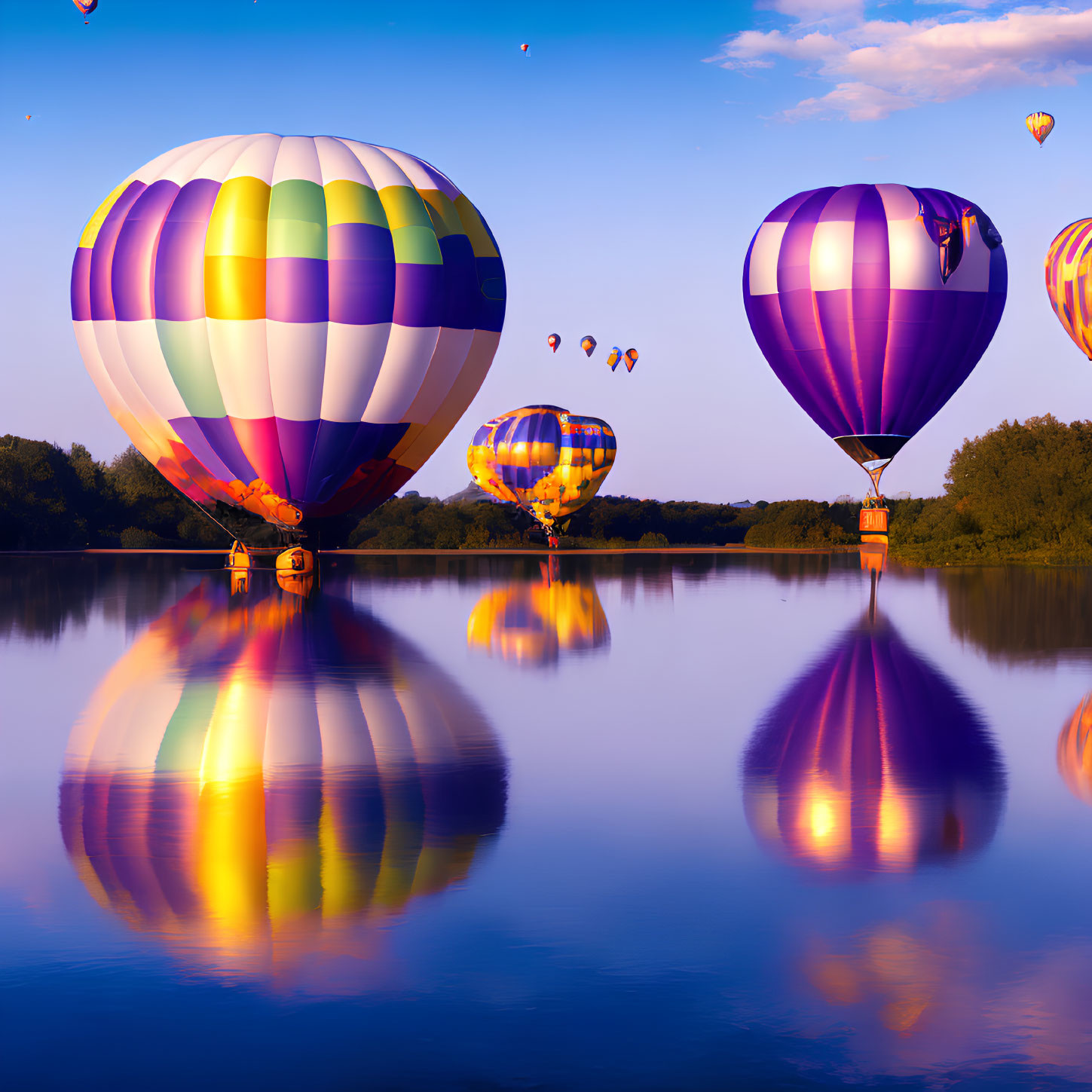 Vivid hot air balloons over serene lake and blue sky