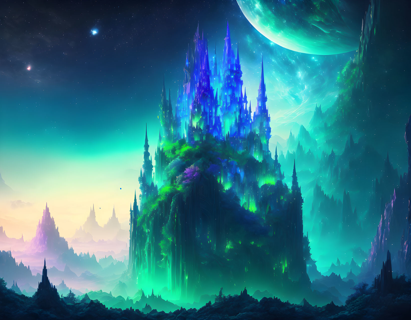 Fantasy landscape with blue and green crystal spires under starlit sky