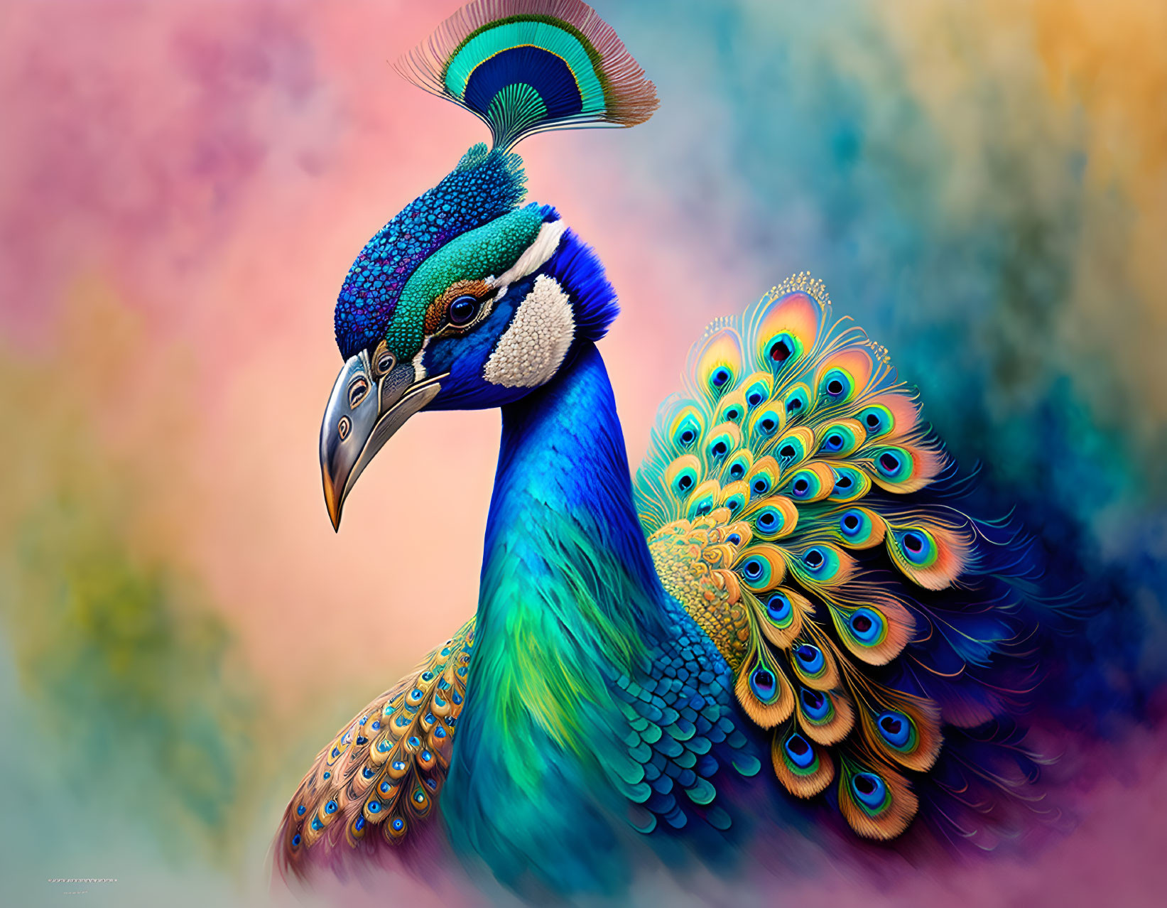 Colorful Peacock Illustration with Iridescent Feathers