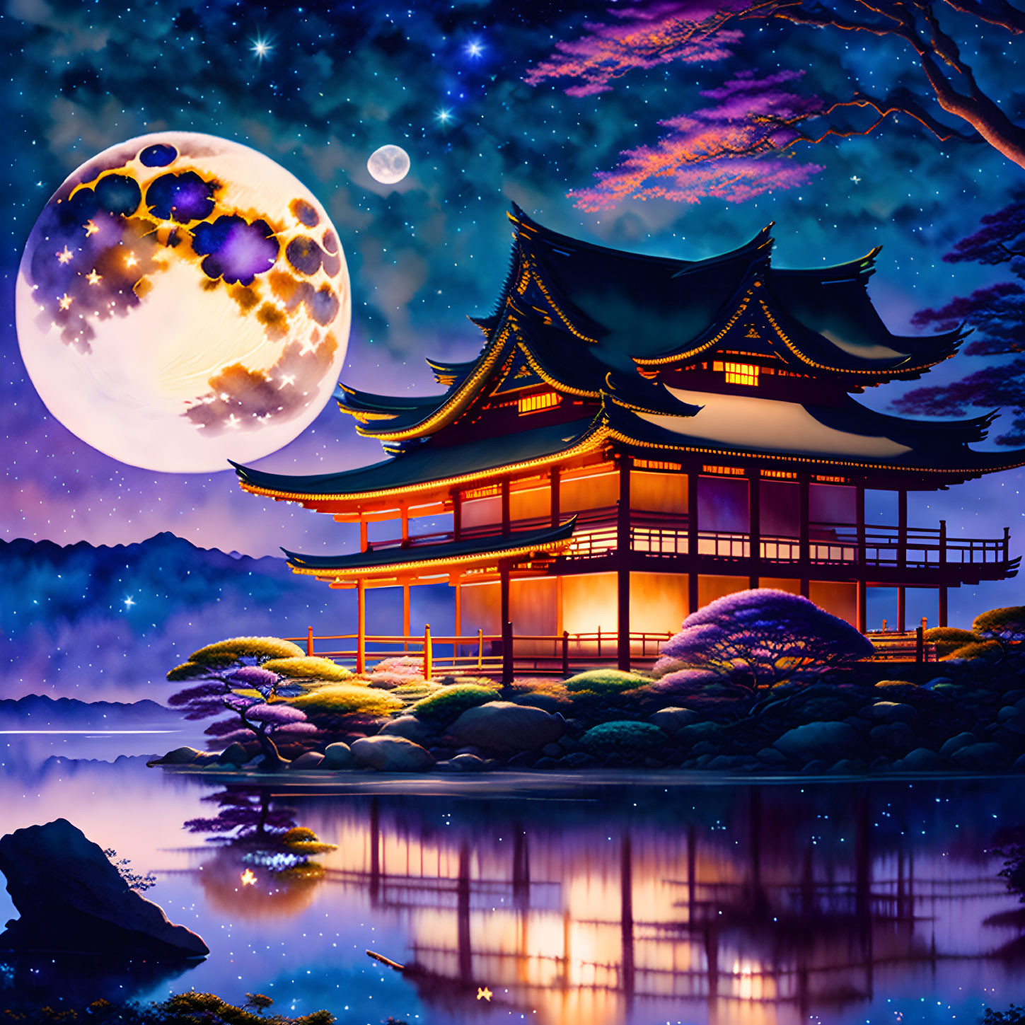 Traditional Japanese pagoda illustration by calm lake under starry sky