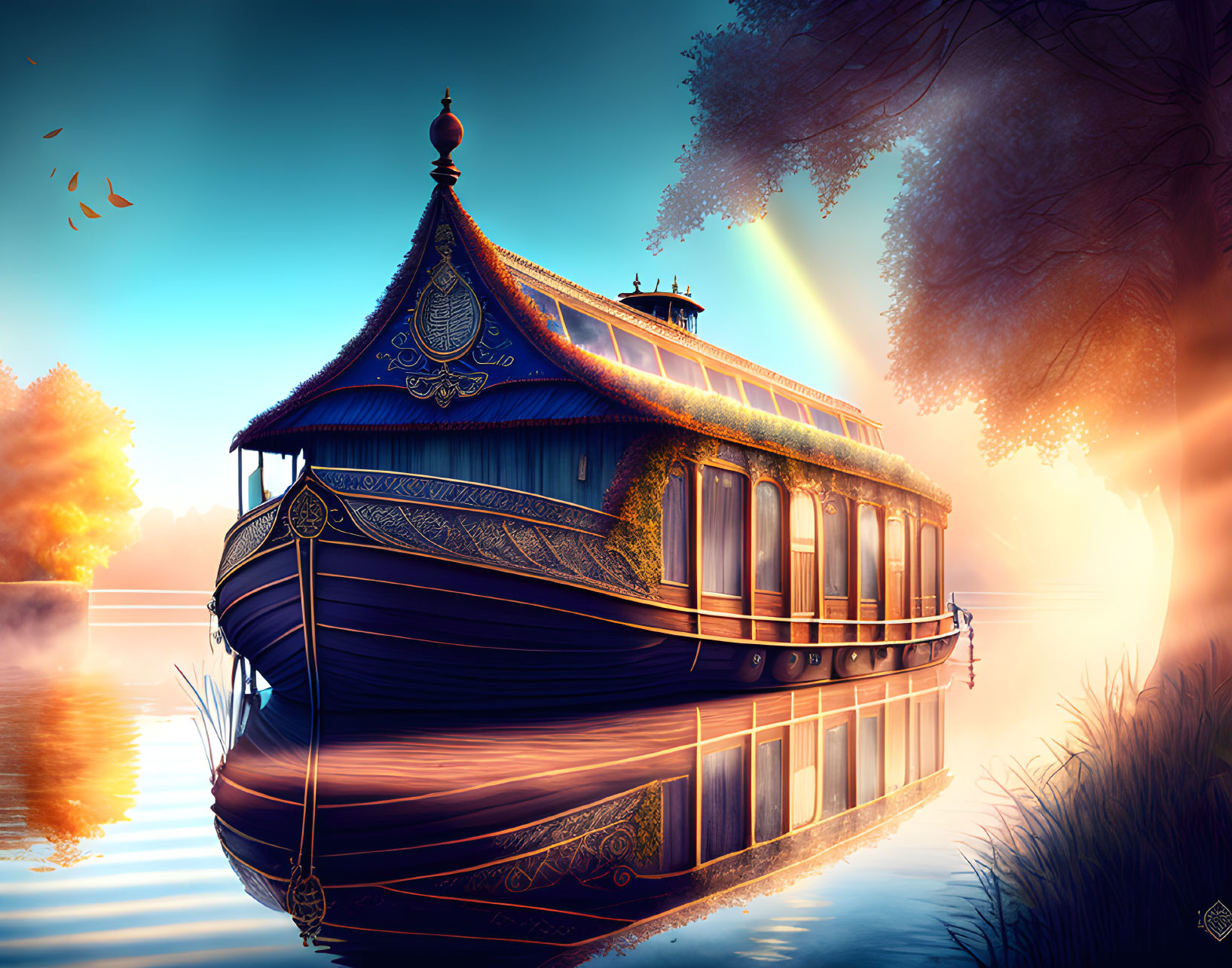 Ornate houseboat at sunset with reflections on calm waters