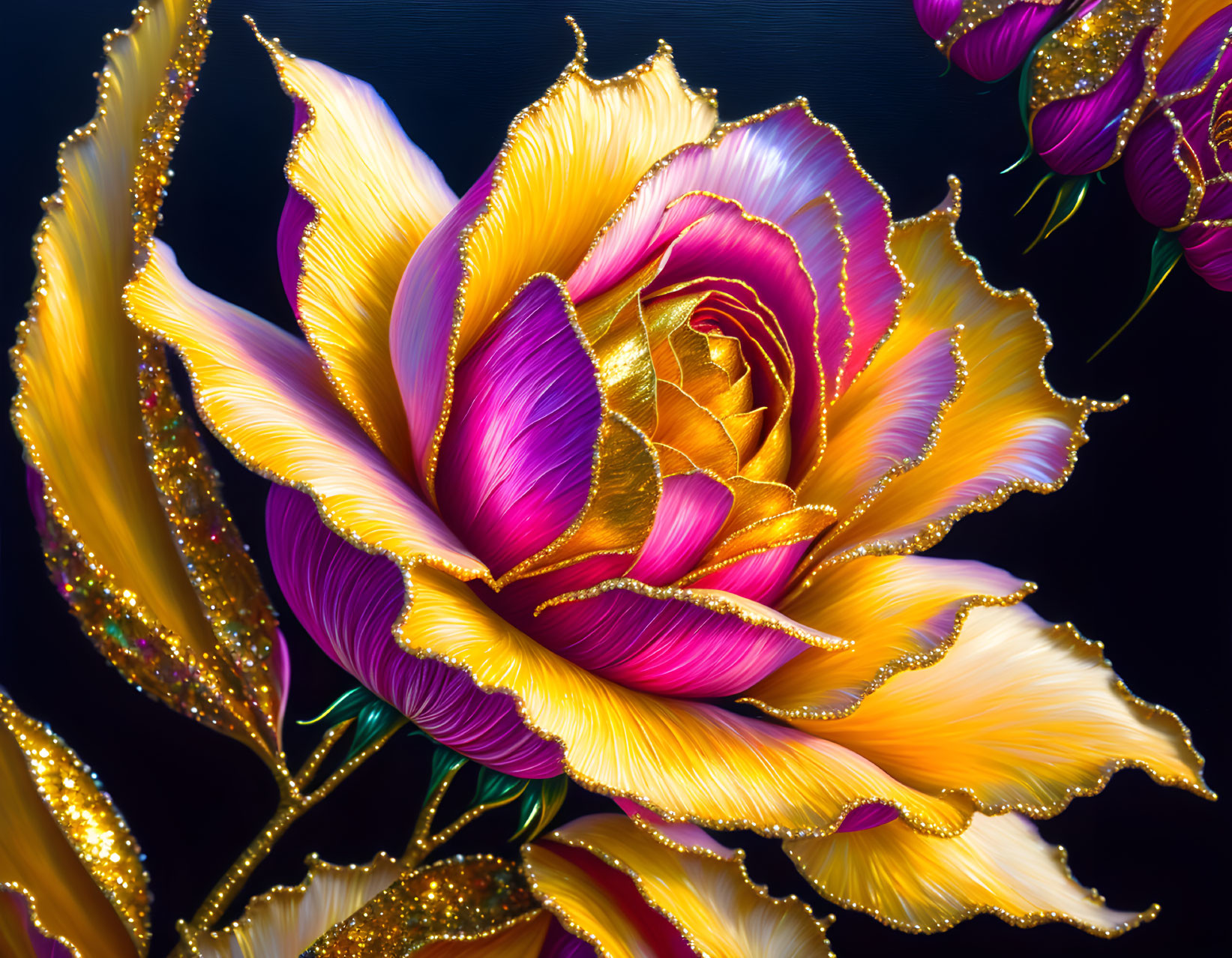 Colorful digital painting of rose with yellow and magenta petals on dark background