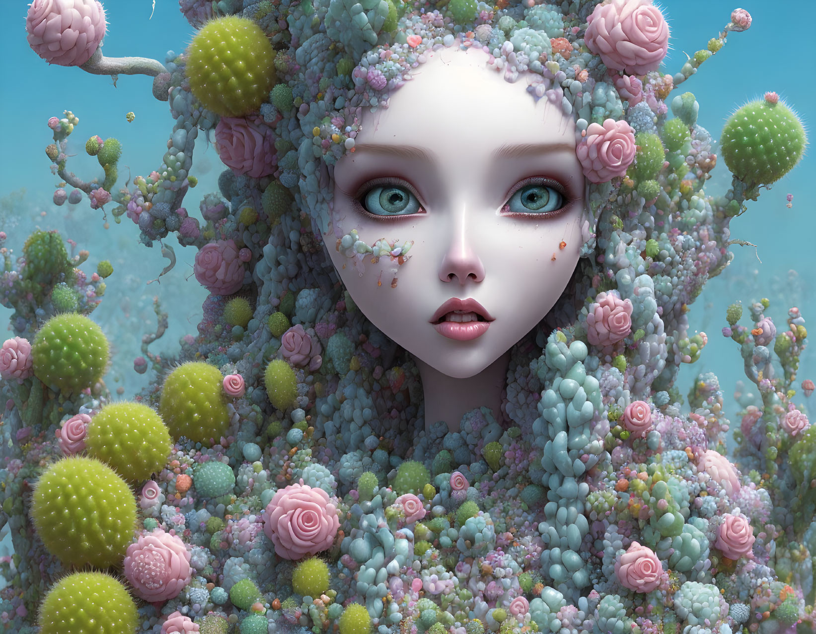 Fantastical portrait with surreal floral and succulent adornments