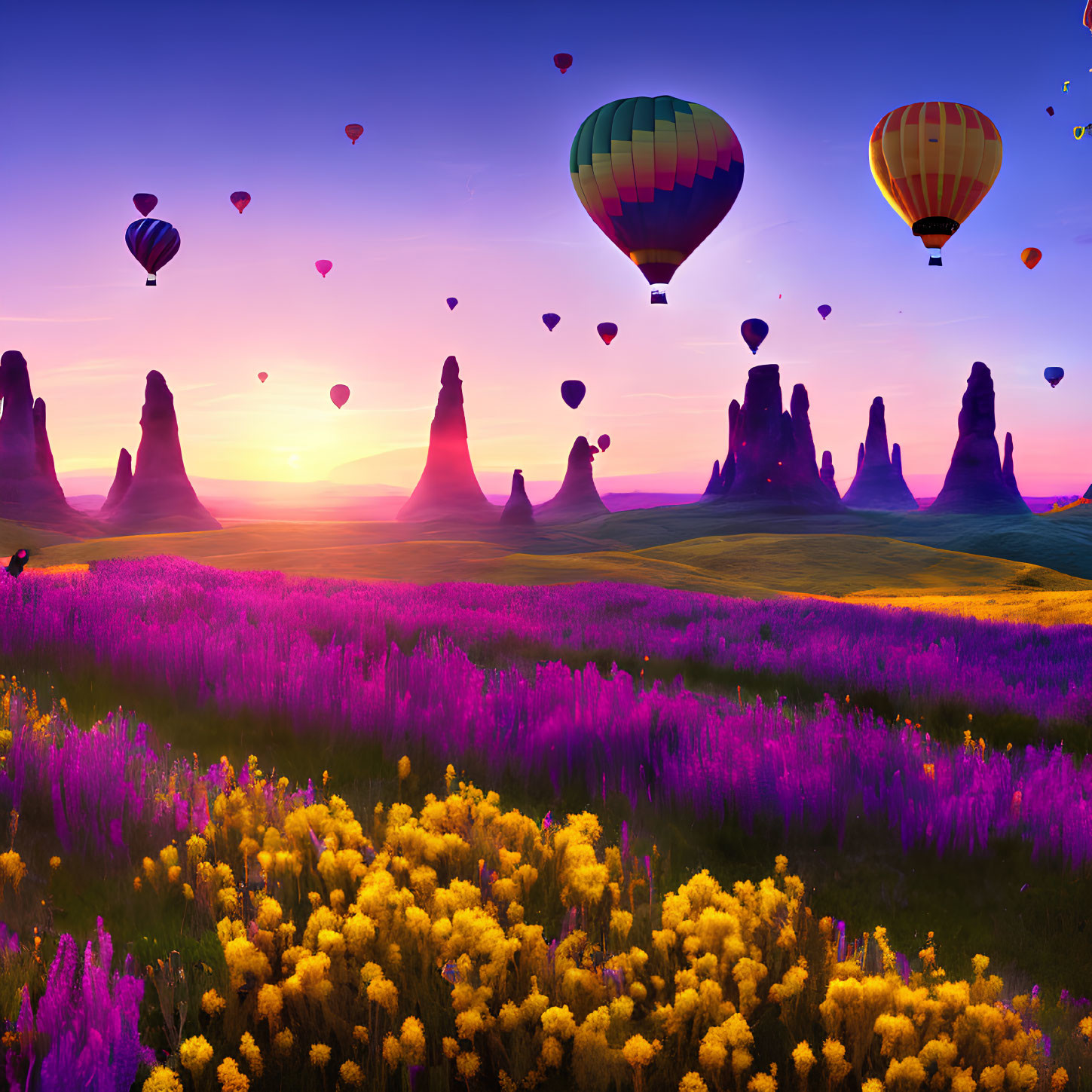 Vibrant hot air balloons over colorful flower field at sunrise/sunset