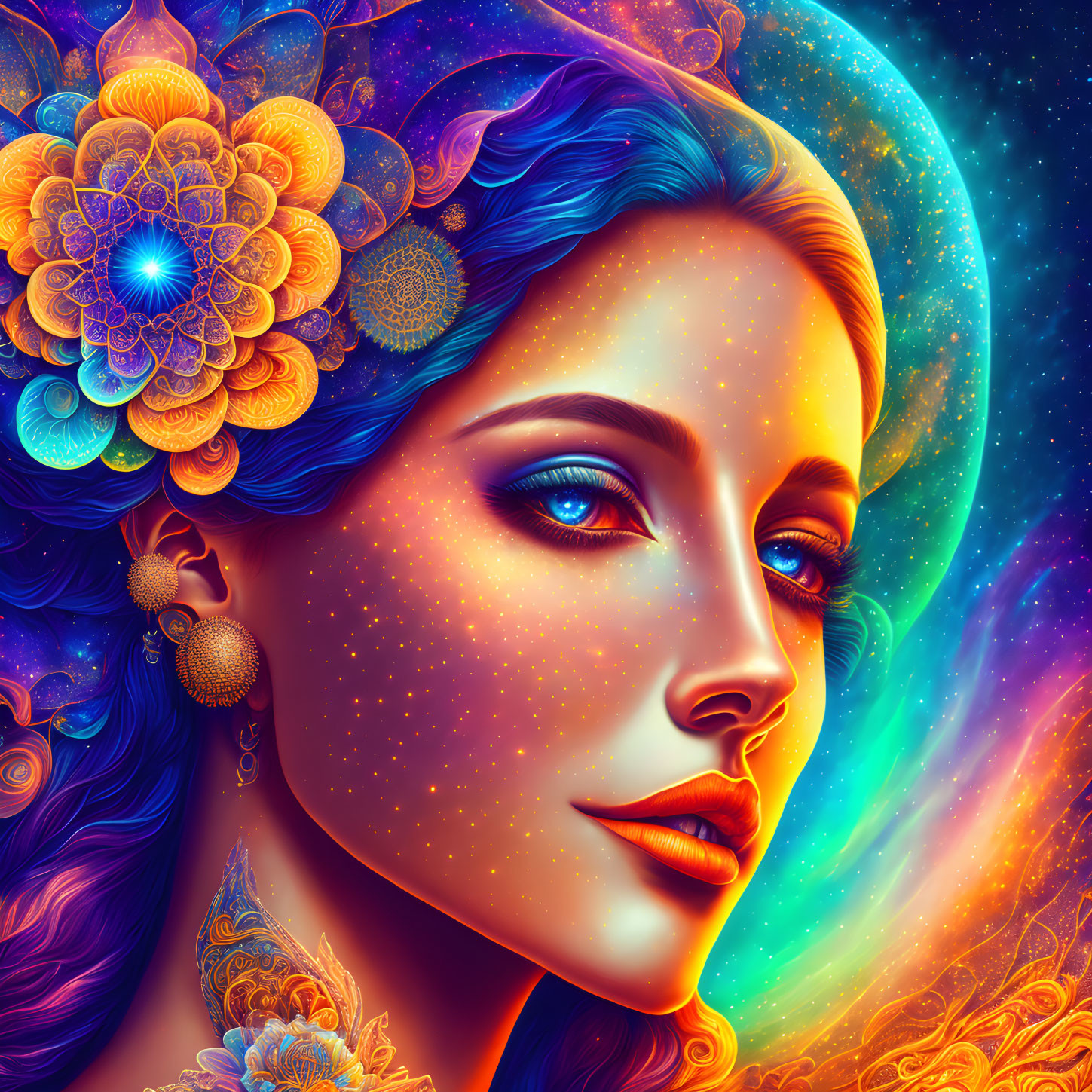 Colorful digital portrait of a woman with cosmic and floral motifs