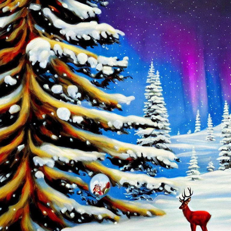 Winter Night Landscape Painting with Snow-Covered Trees and Aurora Sky