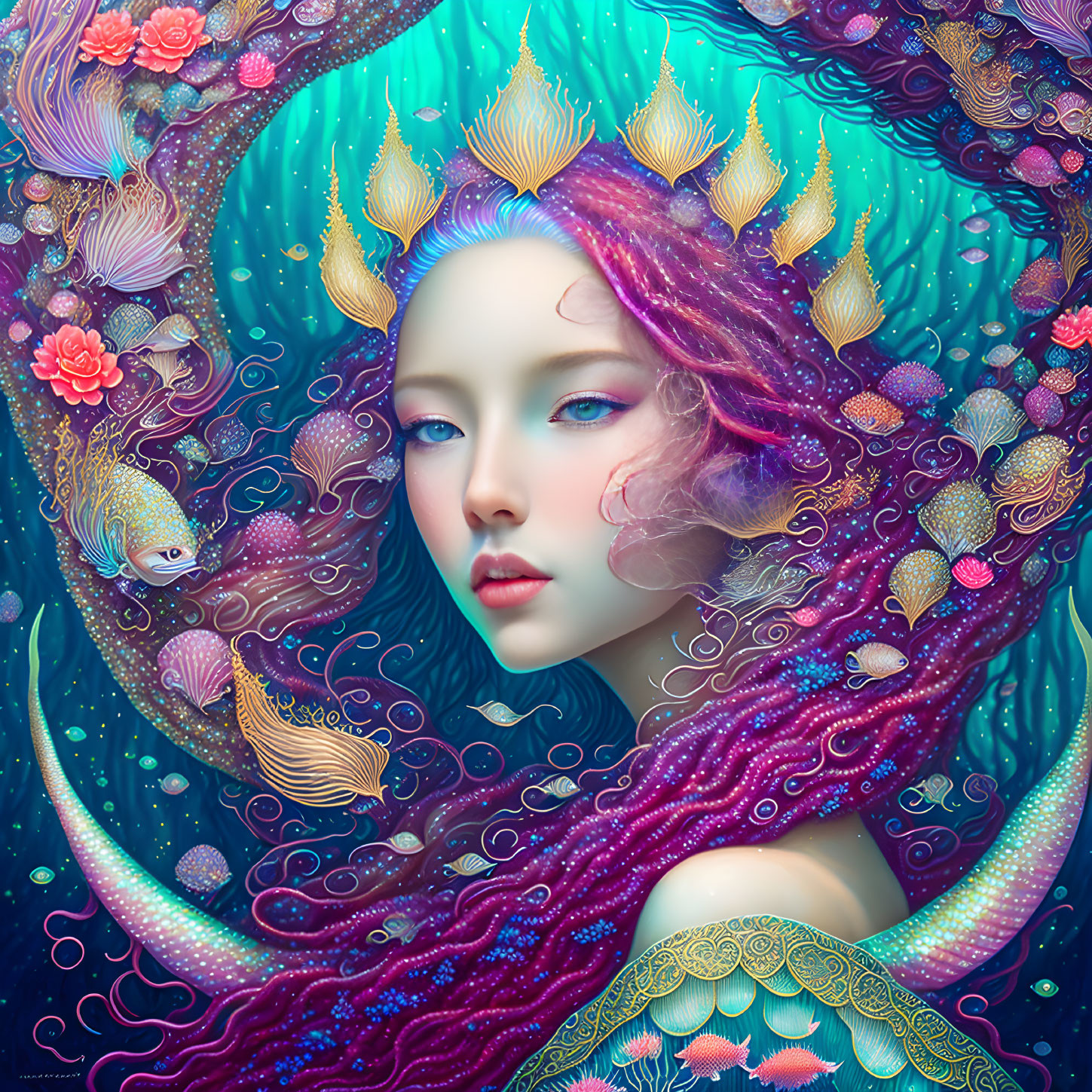 Vibrant undersea-themed illustration with woman and sea crown