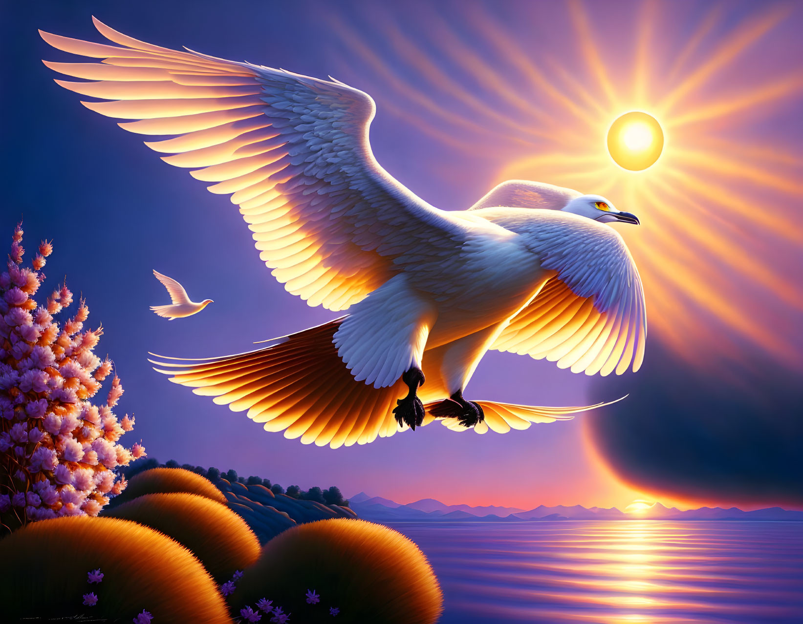 White bird flying over tranquil sea at sunset with radiant orb and rolling hills.