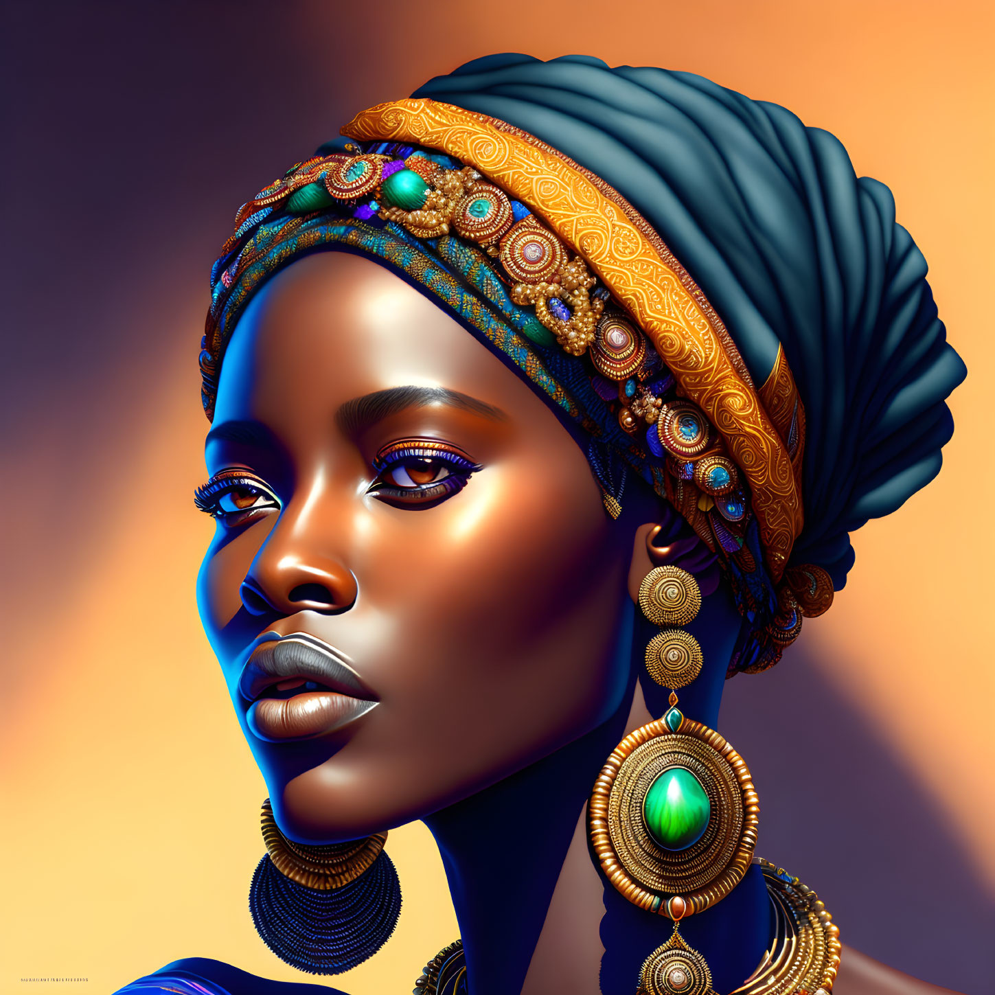 Stylized portrait of a woman with radiant skin and vibrant headwrap