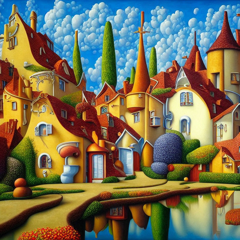 Colorful surreal painting of whimsical village and pond reflection