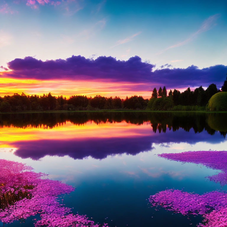 Tranquil lake at sunset with pink and blue hues reflected, surrounded by trees and pink water l