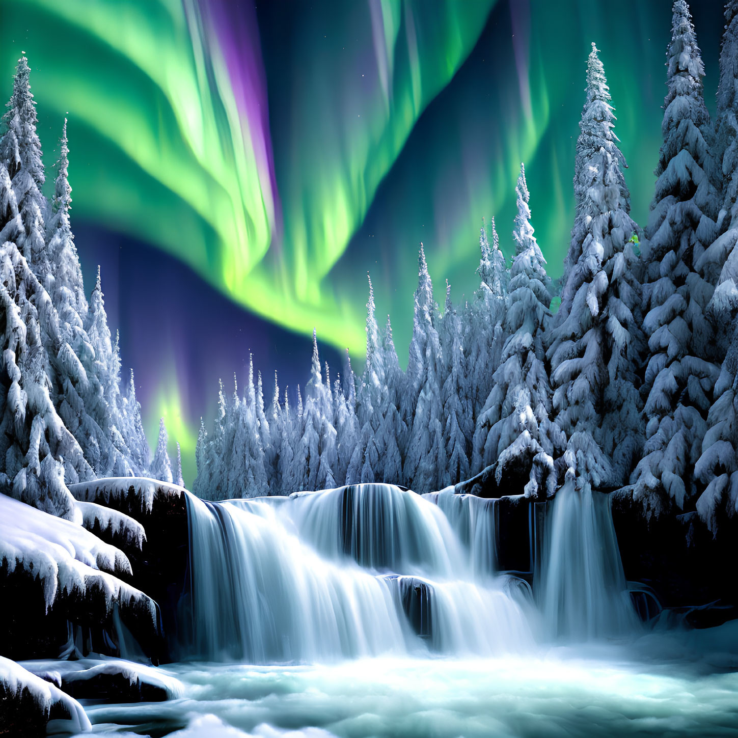 Snow-covered pine trees, waterfall, and Northern Lights in a winter night scene