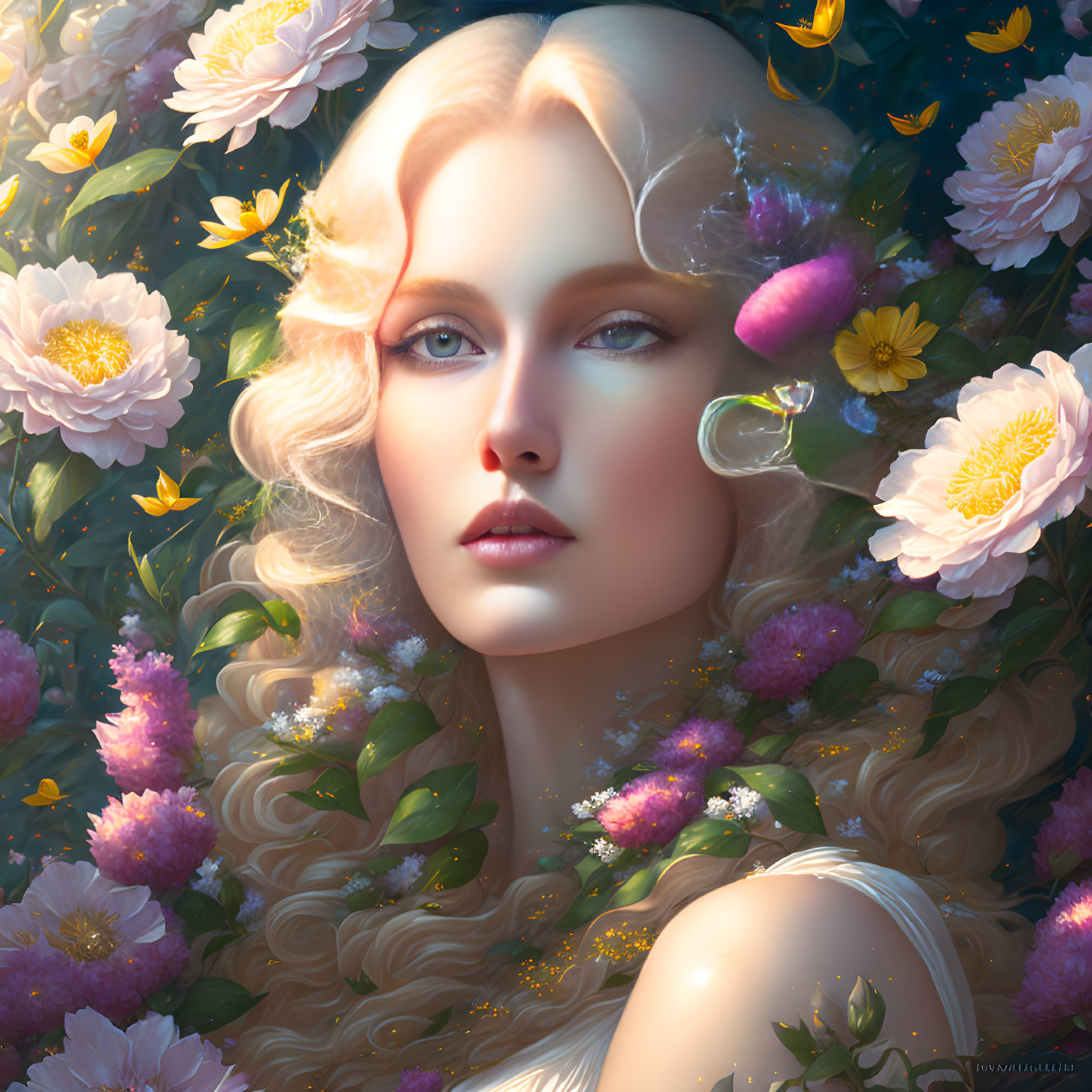 Blonde woman in digital art with flowers and soft lighting