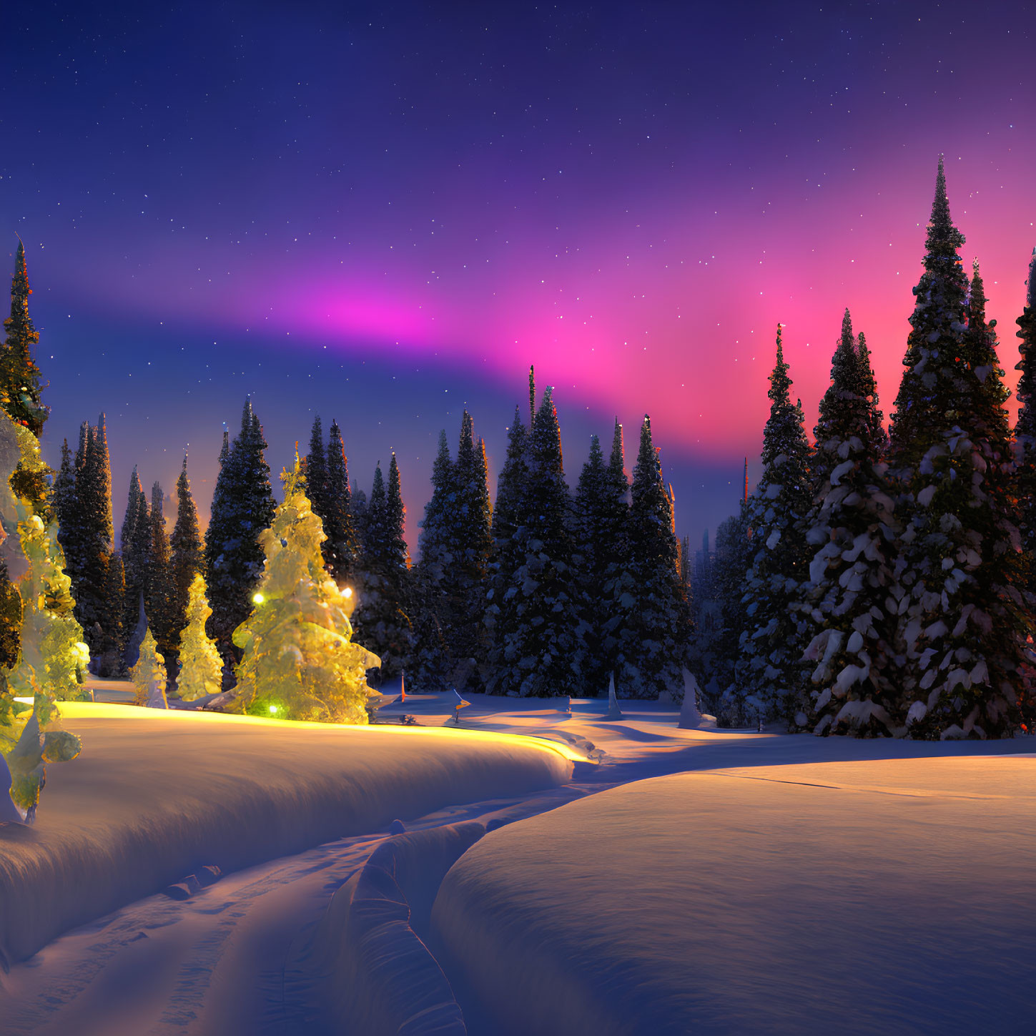 Snow-covered landscape at dusk with aurora borealis, illuminated trees, and undisturbed drifts