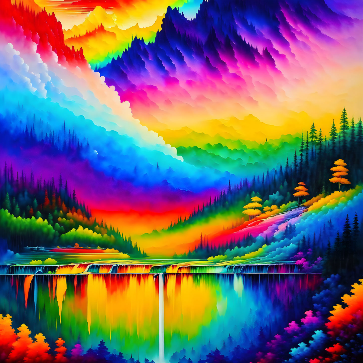 Colorful Mountain Landscape Painting with Mirror-Like Lake