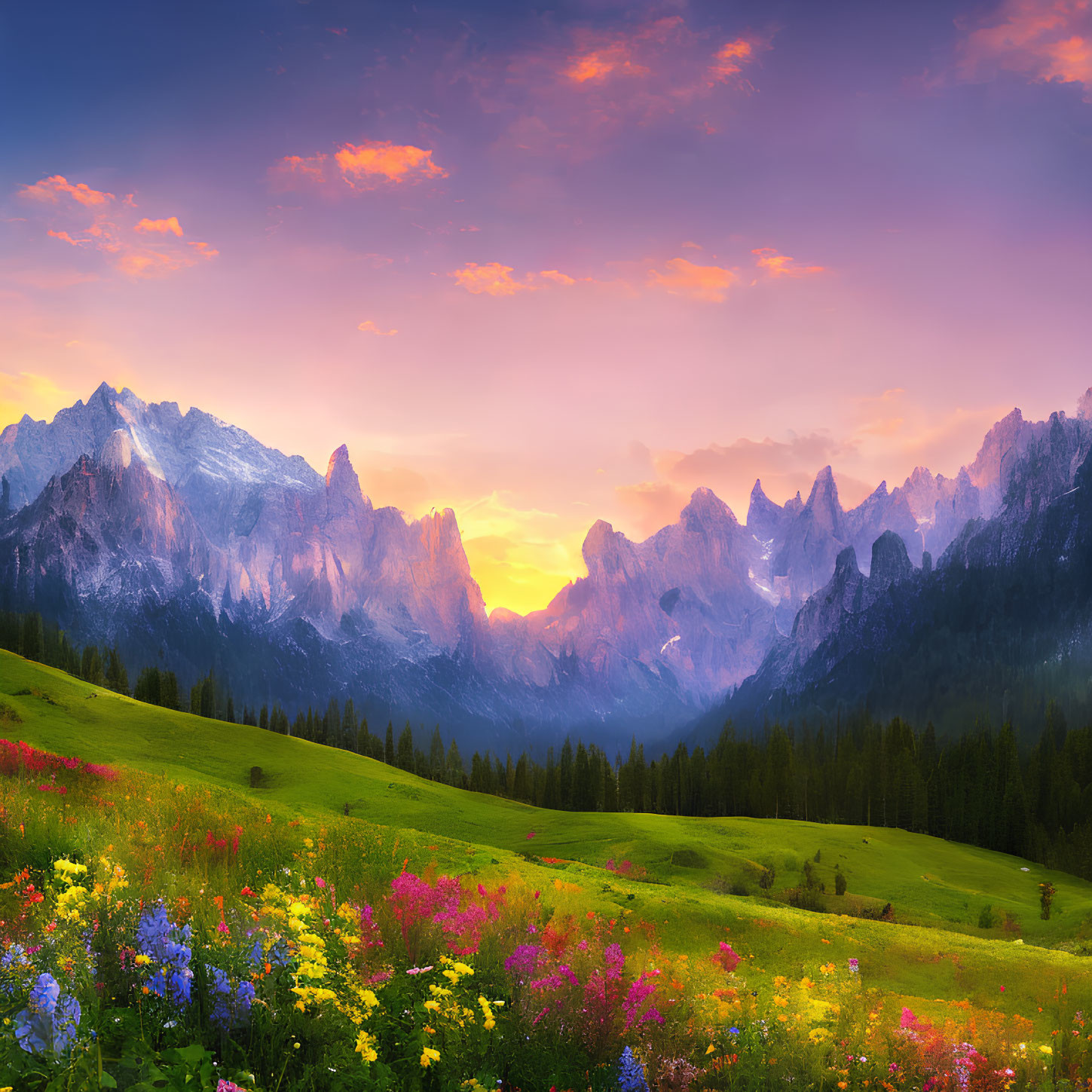 Colorful sunset over mountain range and wildflower meadow under dramatic sky