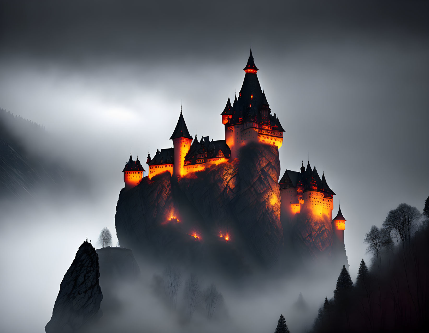 Castle with multiple spires on craggy cliff in misty dusk.