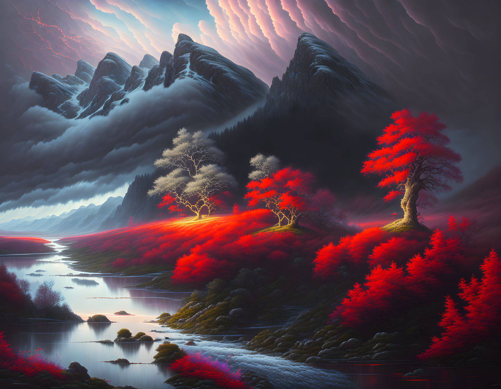 Vivid landscape with crimson trees, tranquil river, mountains, and lightning-lit clouds