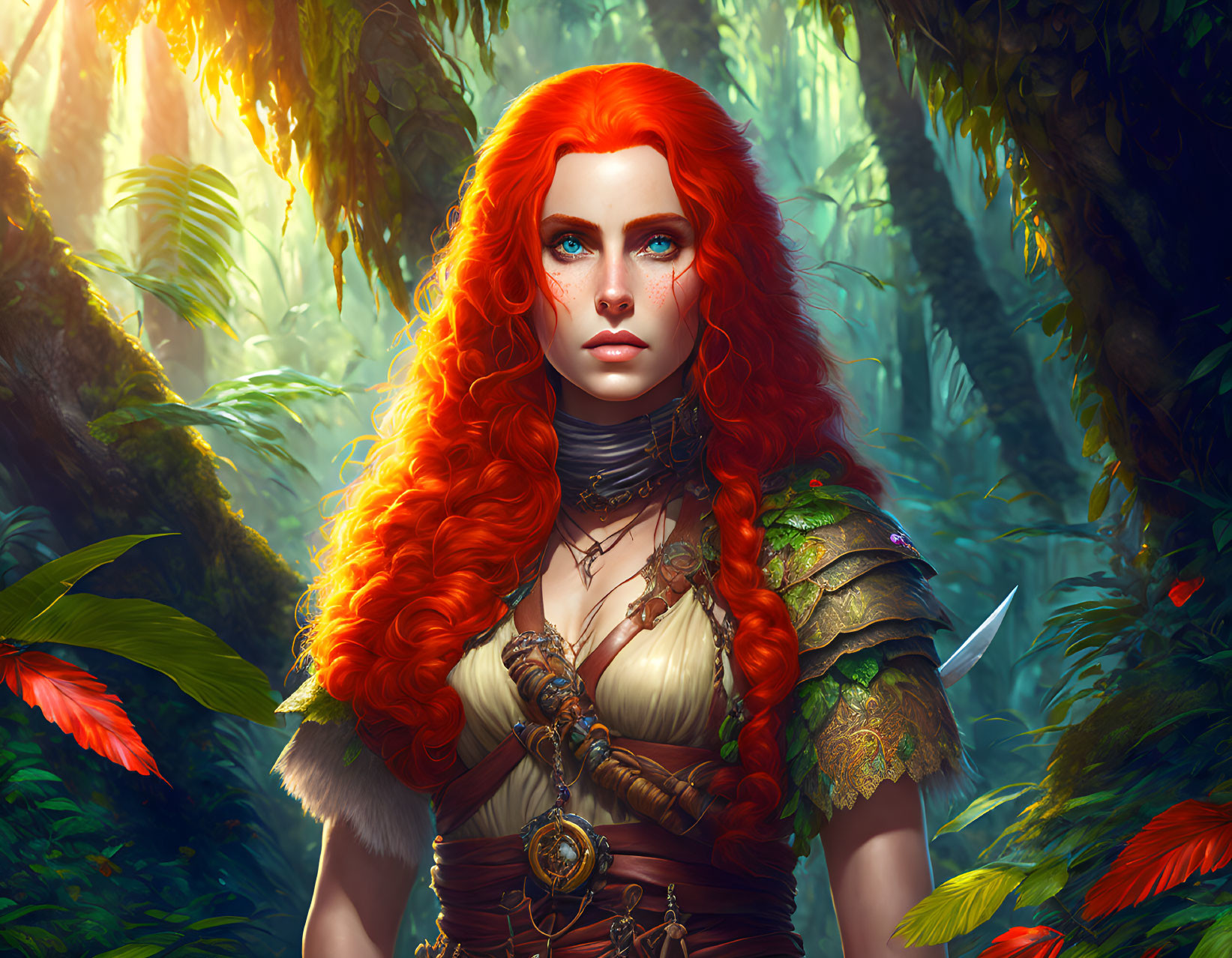 Digital portrait of a woman with red hair and blue eyes in fantasy armor in mystical forest.