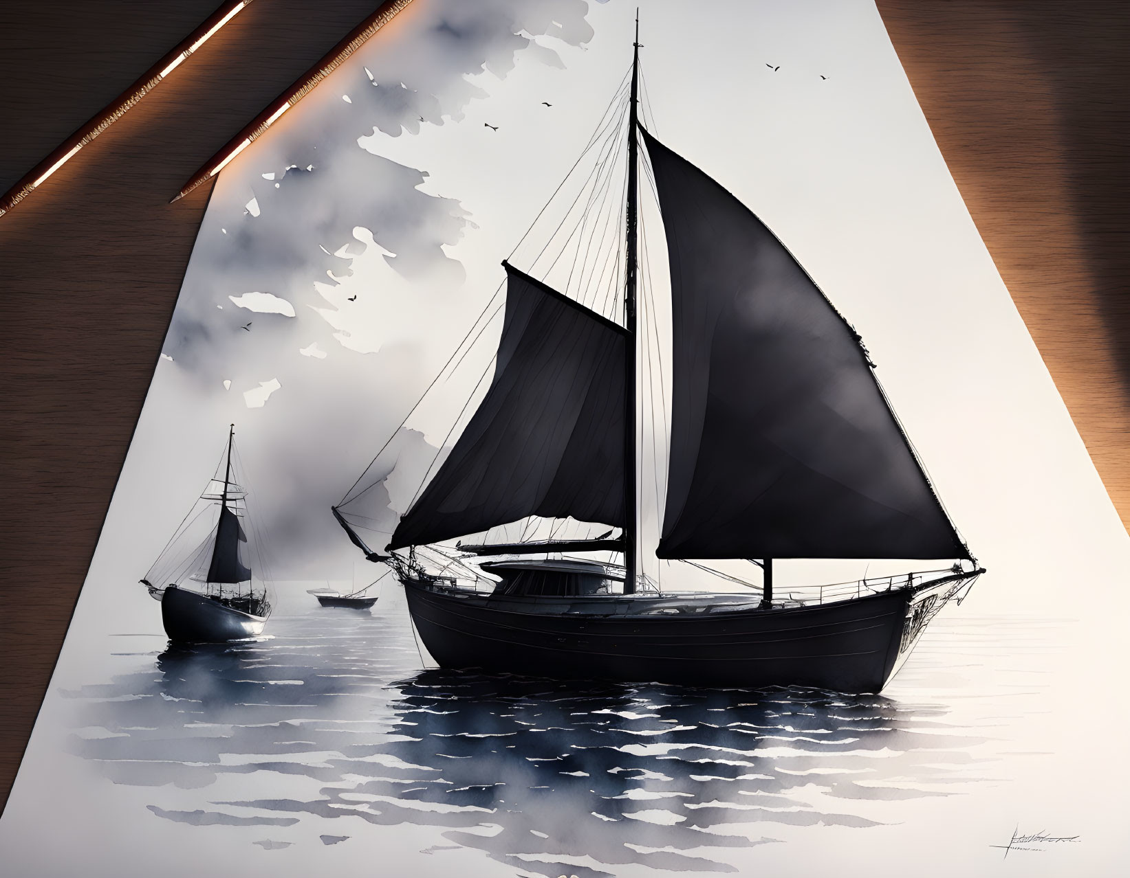 Tranquil digital artwork: Sailboats on calm water under cloudy sky