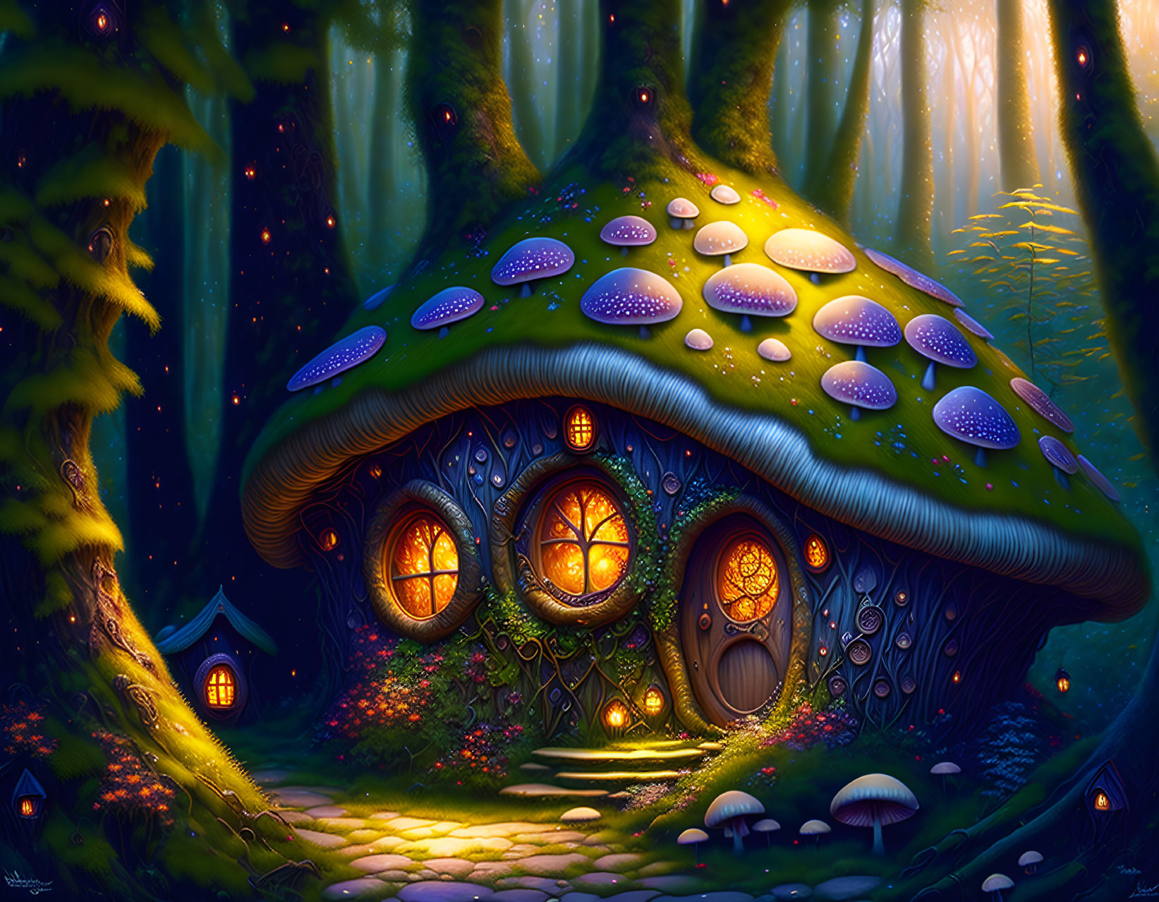 Whimsical mushroom house in enchanted forest landscape