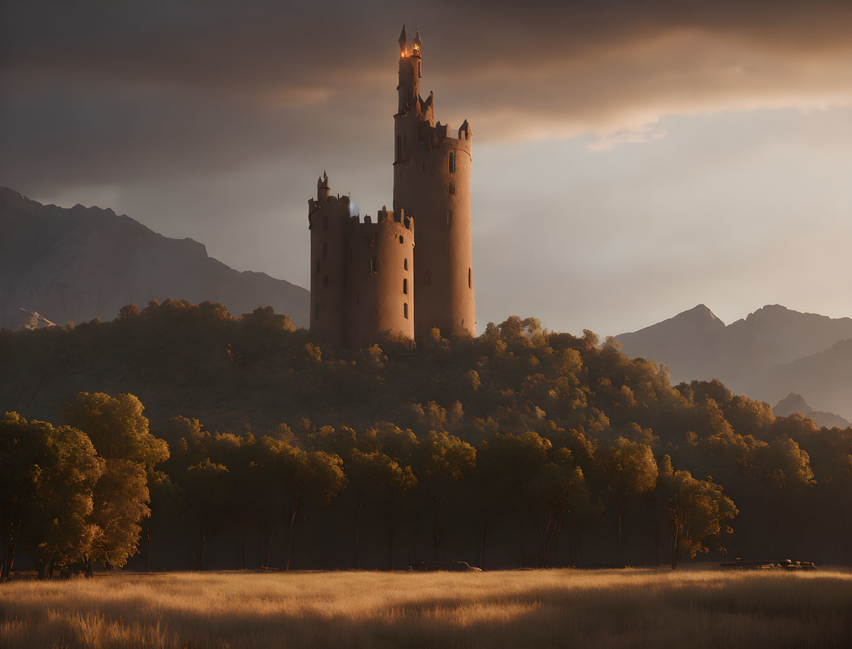 Castle overlooking forest at dusk with warm glow and long shadows.